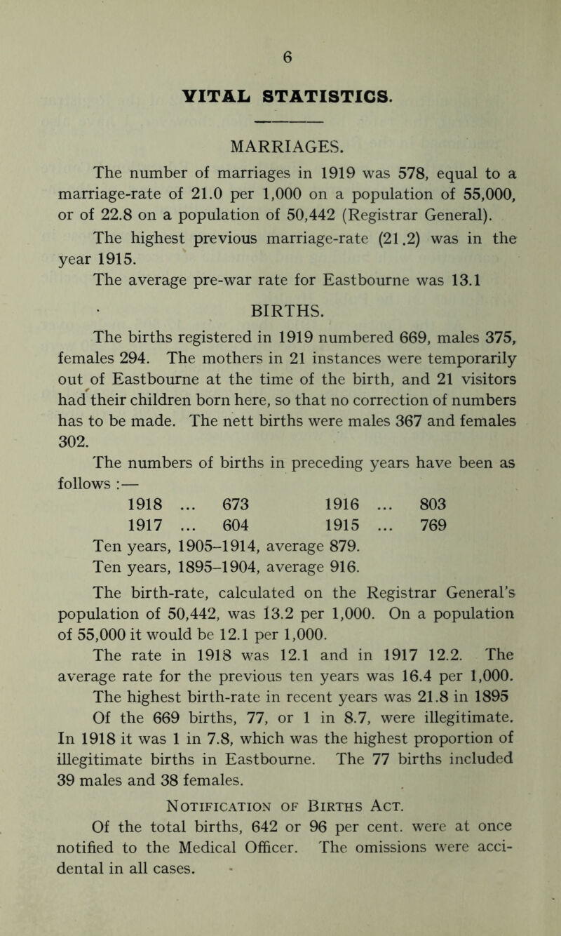 VITAL STATISTICS. MARRIAGES. The number of marriages in 1919 was 578, equal to a marriage-rate of 21.0 per 1,000 on a population of 55,000, or of 22.8 on a population of 50,442 (Registrar General). The highest previous marriage-rate (21.2) was in the year 1915. The average pre-war rate for Eastbourne was 13.1 BIRTHS. The births registered in 1919 numbered 669, males 375, females 294. The mothers in 21 instances were temporarily out of Eastbourne at the time of the birth, and 21 visitors had their children born here, so that no correction of numbers has to be made. The nett births were males 367 and females 302. The numbers of births in preceding years have been as follows :— 1918 ... 673 1916 ... 803 1917 ... 604 1915 ... 769 Ten years, 1905-1914, average 879. Ten years, 1895-1904, average 916. The birth-rate, calculated on the Registrar General’s population of 50,442, was 13.2 per 1,000. On a population of 55,000 it would be 12.1 per 1,000. The rate in 1918 was 12.1 and in 1917 12.2. The average rate for the previous ten years was 16.4 per 1,000. The highest birth-rate in recent years was 21.8 in 1895 Of the 669 births, 77, or 1 in 8.7, were illegitimate. In 1918 it was 1 in 7.8, which was the highest proportion of illegitimate births in Eastbourne. The 77 births included 39 males and 38 females. Notification of Births Act. Of the total births, 642 or 96 per cent, were at once notified to the Medical Officer. The omissions were acci- dental in all cases.