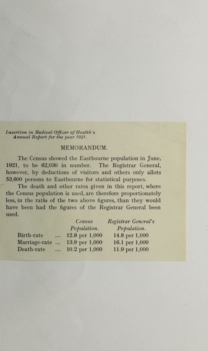 Annual Report for the year 1921. MEMORANDUM. The Census showed the Eastbourne population in June, 1921, to be 62,030 in number. The Registrar General, however, by deductions of visitors and others only allots 53,600 persons to Eastbourne for statistical purposes. The death and other rates given in this report, where the Census population is used, are therefore proportionately less, in the ratio of the two above figures, than they would have been had the figures of the Registrar General been used. Census Registrar General’s Population. Population, Birth-rate ... 12.8 per 1,000 14.8 per 1,000 Marriage-rate ... 13.9 per 1,000 16.1 per 1,000 Death-rate ... 10.2 per 1,000 11.9 per 1,000