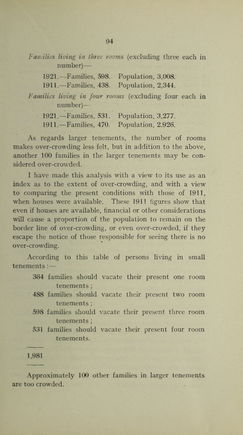 Fanulics living in three rooms (excluding three each in number) — 1921.—Families, 598. Population, 3,008.' 1911.—Families, 438. Population, 2,344. Families living in four rooms (excluding four each in number)-— 1921.—Families, 531. Population, 3,277. 1911.—Families, 470. Population, 2.926. As regards larger tenements, the number of rooms makes over-crowding less felt, but in addition to the above, another 100 families in the larger tenements may be con- sidered over-crowded. I have made this analysis with a view to its use as an index as to the extent of over-crowding, and with a view to comparing the present conditions with those of 1911, when houses were available. These 1911 figures show that even if houses are available, financial or other considerations will cause a proportion of the population to remain on the border line of over-crowding, or even over-crowded, if they escape the notice of those responsible for seeing there is no over-crowding. According to this table of persons living in small tenements :— 364 families should vacate their present one room tenements ; 488 families should vacate their present two room tenements ; 598 families should vacate their present three room tenements ; 531 families should vacate their present four room tenements. 1,981 Appro.ximately 100 other families in larger tenements are too crowded.