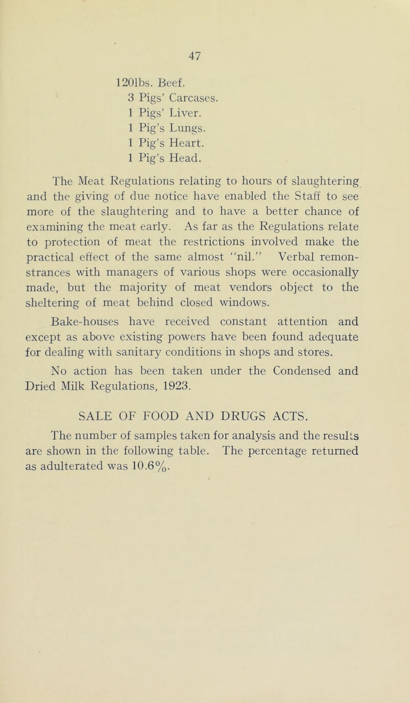 12()lbs. Beef. 3 Pigs’ Carcases. 1 Pigs’ Liver. 1 Pig’s Lungs. 1 Pig’s Heart. 1 Pig’s Head. The Meat Regulations relating to hours of slaughtering and the giving of due notice have enabled the Staff to see more of the slaughtering and to have a better chance of examining the meat early. As far as the Regulations relate to protection of meat the restrictions involved make the practical effect of the same almost “nil.” Verbal remon- strances with managers of various shops were occasionally made, but the majority of meat vendors object to the sheltering of meat behind closed windows. Bake-houses have received constant attention and except as above existing powers have been found adequate for dealing with sanitary conditions in shops and stores. No action has been taken under the Condensed and Dried Milk Regulations, 1923. SALE OF FOOD AND DRUGS ACTS. The number of samples taken for analysis and the results are shown in the following table. The percentage returned as adulterated was 10.6%.