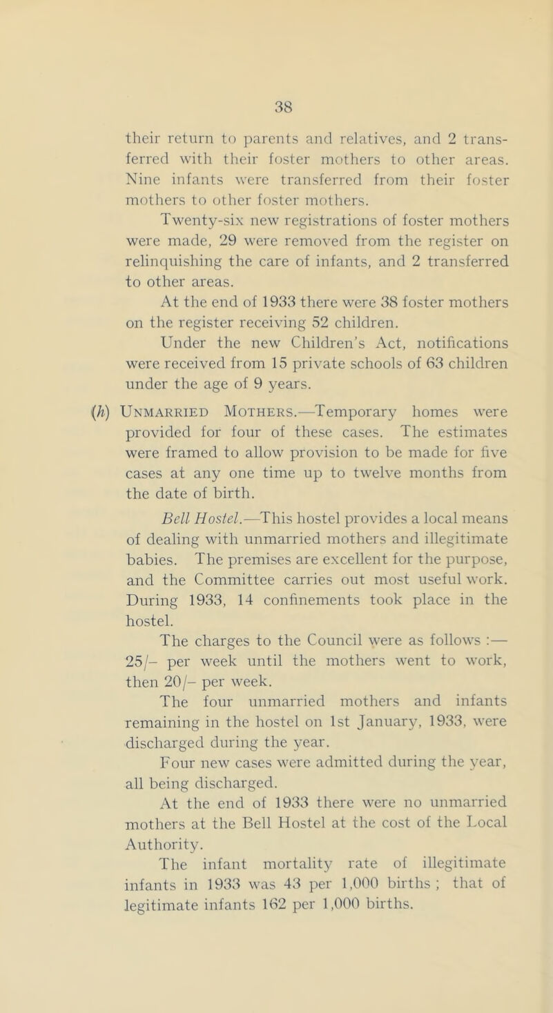 their return to parents and relatives, and 2 trans- ferred with their foster mothers to other areas. Nine infants were transferred from their foster mothers to other foster mothers. Twenty-six new registrations of foster mothers were made, 29 were removed from the register on relinquishing the care of infants, and 2 transferred to other areas. At the end of 1933 there were 38 foster mothers on the register receiving 52 children. Under the new Children’s Act, notifications were received from 15 private schools of 63 children under the age of 9 years. {h) Unmarried Mothers.—Temporary homes were provided for four of these cases. The estimates were framed to allow provision to be made for five cases at any one time up to twelve months from the date of birth. Bell Hostel.—This hostel provides a local means of dealing with unmarried mothers and illegitimate babies. The premises are excellent for the purpose, and the Committee carries out most useful work. During 1933, 14 confinements took place in the hostel. The charges to the Council were as follows :— 25/- per week until the mothers went to work, then 20/- per week. The four unmarried mothers and infants remaining in the hostel on 1st January, 1933, were discharged during the year. Four new cases were admitted during the year, all being discharged. At the end of 1933 there were no unmarried mothers at the Bell Hostel at the cost of the Local Authority. The infant mortality rate of illegitimate infants in 1933 was 43 per 1,000 births; that of legitimate infants 162 per 1,000 births.