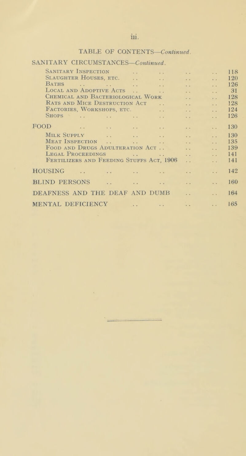 TABLE OF CONTENTS—Cow/mwerf. SANITARY CIRCUMSTANCES— Sanitary Inspection .. .. .. .. 118 Slaughter Houses, ETC. .. .. .. .. 120 Baths .. . . .. .. .. .. 126 Local AND Adoptive Acts .. .. .. .. 31 Chemical and Bacteriological Work .. .. 128 Rats and Mice Destruction Act .. .. 128 Factories, Workshops, etc. .. .. .. 124 Shops . . .. .. .. .. .. 126 FOOD .. .. .. .. .. .. 130 Milk Supply .. .. .. .. .. 130 Meat Inspection .. .. .. .. .. 135 Food and Drugs Adulteration Act .. .. .. 139 Legal Proceedings .. .. .. .. 141 Fertilizers AND Feeding Stuffs Act, 1906 .. .. 141 HOUSING .. .. .. .. .. ..142 BLIND PERSONS .. .. .. .. ..160 DEAFNESS AND THE DEAF AND DUMB .. . . 164