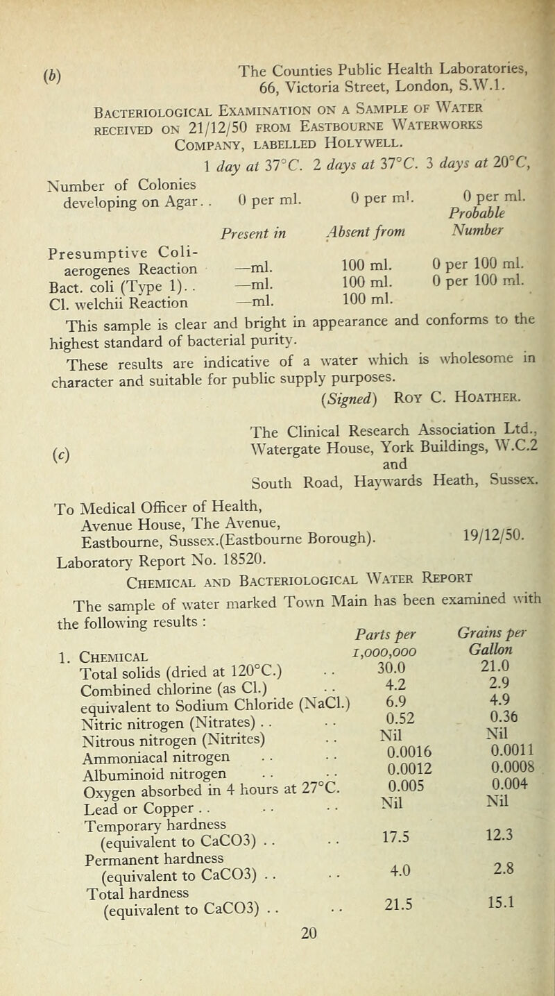 /^\ The Counties Public Health Laboratories, 66, Victoria Street, London, S.W.l. Bacteriological Examination on a Sample of Water RECEIt'ED ON 21/12/50 FROM EaSTBOURNE W^ATERWORKS Company, labelled Holywell. 1 day at 37°C. 2 days at 37°C. 3 days at 20°C, Number of Colonies 0 per ml. developing on Agar. . Present in 0 per mb Absent from 0 per ml. Probable Number -ml. -ml. -ml. 100 ml. 100 ml. 100 ml. 0 per 100 ml. 0 per 100 ml. Presumptive Coli- aerogenes Reaction Bact. coli (Type 1). . Cl. welchii Reaction This sample is clear and bright in appearance and conforms to the highest standard of bacterial purity. These results are indicative of a water which is wholesome in character and suitable for public supply purposes. {Signed) Roy C. Hoather. The Clinical Research Association Ltd., / \ Watergate House, York Buildings, ^\'.C.2 ' and South Road, Haywards Heath, Sussex. To Medical Officer of Health, Avenue House, The Avenue, lo/io/rn Eastbourne, Sussex.(Eastbourne Borough). IV/IZ/au. Laboratory Report No. 18520. Chemical and Bacteriological Water Report The sample of water marked Town Main has been examined with the following results ; 1. Chemical Total solids (dried at 120°C.) Combined chlorine (as Cl.) equivalent to Sodium Chloride (NaCl.) Nitric nitrogen (Nitrates) . . Nitrous nitrogen (Nitrites) Ammoniacal nitrogen Albuminoid nitrogen . . ^ - • Oxygen absorbed in 4 hours at 27 C. Lead or Copper . . Temporary hardness (equivalent to CaC03) . . Permanent hardness (equivalent to CaC03) . . Total hardness (equivalent to CaC03) .. ^arts per Grains pei- ,000,000 Gallon 30.0 21.0 4.2 2.9 6.9 4.9 0.52 0.36 Nil Nil 0.0016 0.0011 0.0012 0.0008 0.005 0.004 Nil Nil 17.5 12.3 4.0 2.8 21.5 15.1