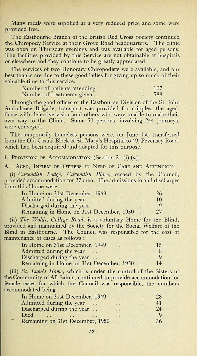 Many meals were supplied at a very reduced price and some were provided free. The Eastbourne Branch of the British Red Cross Society continued the Chiropody Service at their Grove Road headquarters. The clinic was open on Thursday evenings and was available for aged persons. The facilities provided by this Service are not obtainable at hospitals or elsewhere and they continue to be greatly appreciated. The services of two Honorary Chiropodists were available, and our best thanks are due to these good ladies for giving up so much of their valuable time to this service. Number of patients attending 107 Number of treatments given . . . . . . 588 Through the good offices of the Eastbourne Division of the St. John Ambulance Brigade, transport was provided for cripples, the aged, those with defective vision and others who were unable to make their own way to the Clinic. Some 50 persons, involving 244 journeys, were conveyed. The temporarily homeless persons were, on June 1st, transferred from the Old Casual Block at St. Mary’s Hospital'to 49, Pevensey Road, which had been acquired and adapted for this purpose. 1. Provision of Accommodation (Section 21 (i) (a)). A.—Aged, Infirm or Others in Need of Care and Attention. (i) Cavendish Lodge, Cavendish Place, owned by the Council, provided accommodation for 27 men. The admissions to and discharges from this Home were : In Home on 31st December, 1949 26 Admitted during the year . . 10 Discharged during the year . . . . . . 9 Remaining in Home on 31st December, 1950 . . 27 (ii) The Wolds, College Road, is a voluntary Home for the Blind, proHded and maintained by the Society for the Social Welfare of the Blind in Eastbourne. The Council was responsible for the cost of maintenance of cases as follows : In Home on 31st December, 1949 . . . . 15 Admitted during the year . . . . . . 8 Discharged during the year . . . . . . 9 Remaining in Home on 31st December, 1950 . . 14 (iii) St. Luke's Home, which is under the control of the Sisters of the Community of All Saints, continued to provide accommodation for female cases for which the Council was responsible, the numbers accommodated being : In Home on 31st December, 1949 28 Admitted during the year . . . . . . 41 Discharged during the year . . . . 24 Died . . . . . . . . . . 9 ~ Remaining on 31st December, 1950 . . 36