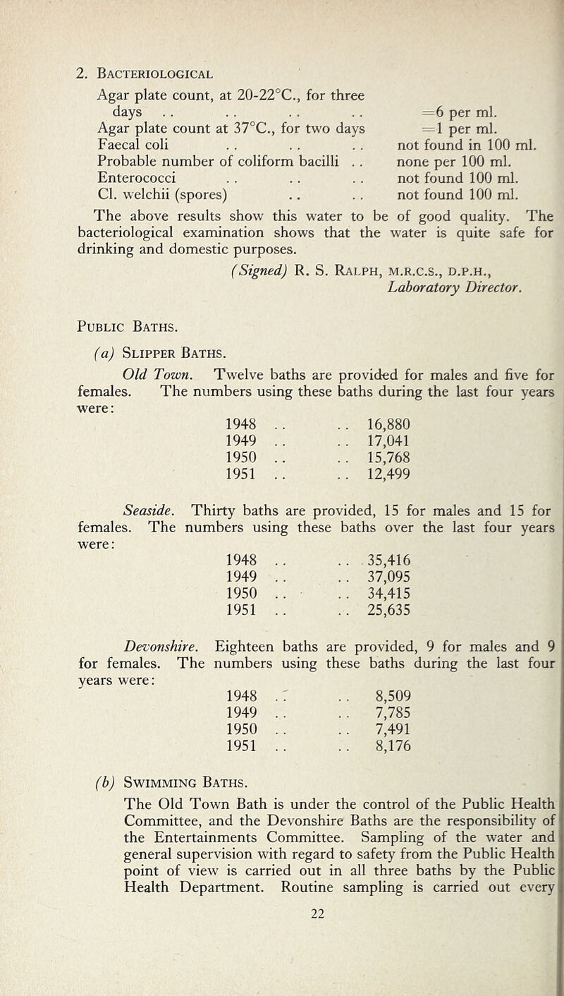2. Bacteriological Agar plate count, at 20-22°C., for three days Agar plate count at 37°C., for two days Faecal coli Probable number of coliform bacilli . . Enterococci Cl. welchii (spores) The above results show this water to be of good quality. The bacteriological examination shows that the water is quite safe for drinking and domestic purposes. (Signed) R. S. Ralph, m.r.c.s., d.p.h.. Laboratory Director. =6 per ml. = 1 per ml. not found in 100 ml. none per 100 ml. not found 100 ml. not found 100 ml. Public Baths. (a) Slipper Baths. Old Town. Twelve baths are provided for males and five for females. The numbers using these baths during the last four years were: 1948 .. .. 16,880 1949 .. .. 17,041 1950 .. .. 15,768 1951 .. .. 12,499 Seaside. Thirty baths are provided, 15 for males and 15 for females. The numbers using these baths over the last four years were: 1948 1949 1950 1951 Devonshire. Eighteen baths for females. The numbers using years were: 1948 .: 1949 .. 1950 . . 1951 . . .. 35,416 .. 37,095 . . 34,415 .. 25,635 are provided, 9 for males and 9 these baths during the last four . . 8,509 . . 7,785 . . 7,491 .. 8,176 (b) Swimming Baths. The Old Town Bath is under the control of the Public Health Committee, and the Devonshire Baths are the responsibility of the Entertainments Committee. Sampling of the water and general supervision with regard to safety from the Public Health point of view is carried out in all three baths by the Public Health Department. Routine sampling is carried out every