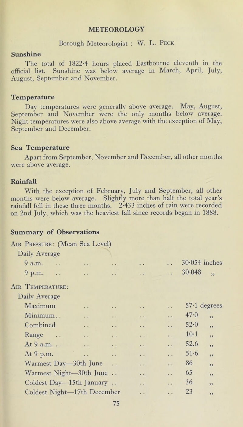 METEOROLOGY Borough Meteorologist : W. L. Peck Sunshine The total of 1822-4 hours placed Eastbourne eleventh in the official list. Sunshine was below average in March, April, July, August, September and November. Temperature Day temperatures were generally above average. May, August, September and November were the only months below average. Night temperatures were also above average with the exception of May, September and December. Sea Temperature Apart from September, November and December, all other months were above average. Rainfall With the exception of February, July and September, all other months were below average. Slightly more than half the total year’s rainfall fell in these three months. 2-433 inches of rain were recorded on 2nd July, which was the heaviest fall since records began in 1888. Summary of Observations Air Pressure: (Mean Sea Level) Daily Average 9 a.m. 9 p.m. Air Temperature: Daily Average Maximum Minimum. . Combined Range At 9 a.m. . . At 9 p.m. Warmest Day—30th June Warmest Night—30th June .. Coldest Day—15th January .. Coldest Night—17th December 75 30-054 inches 30-048 „ 57-1 degrees 52-0 10-1 52.6 51-6 86 65 36 23