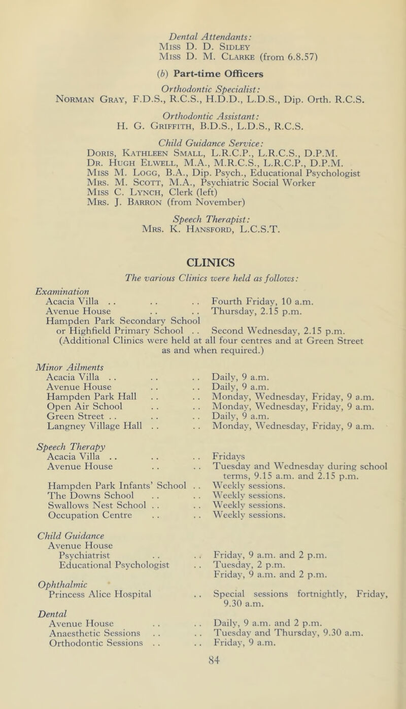 Dental Attendants: Miss D. D. Sidley Miss D. M. Clarke (from 6.8.57) (6) Part-time Officers Orthodontic Specialist: Norman Gray, F.D.S., R.C.S., H.D.D., L.D.S., Dip. Orth. R.C.S. Orthodontic Assistant: H. G. Griffith, B.D.S., L.D.S., R.C.S. Child Guidance Service: Doris, Kathleen Small, L.R.C.P., L.R.C.S., D.P.M. Dr. Hugh Elwell, M.A., M.R.C.S., L.R.C.P., D.P.M. Miss M. Logg, B.A., Dip. Psych., Educational Psychologist Mrs. M. Scott, M.A., Psychiatric Social Worker Miss C. Lynch, Clerk (left) Mrs. J. B.ARRON (from November) Speech Therapist: Mrs. K. Hansford, L.C.S.T. CLINICS The various Clinics were held as follows: Examination Acacia Villa . . . . . . Fourth Friday, 10 a.m. Avenue House . . . . Thursday, 2.15 p.m. Hampden Park Secondary School or Highfield Primary School . . Second Wednesday, 2.15 p.m. (Additional Clinics were held at all four centres and at Green Street as and when required.) Minor Ailments Acacia Villa . . Avenue House Hampden Park Hall Open Air School Green Street . . Langney Village Hall . . Speech Therapy Acacia Villa .. Avenue House Hampden Park Infants’ School . . The Downs School Swallows Nest School . . Occupation Centre Child Guidance Avenue House Psychiatrist Educational Psychologist Ophthalmic Princess Alice Hospital Dental Avenue House Anaesthetic Sessions Orthodontic Sessions . . Daily, 9 a.m. Daily, 9 a.m. Monday, Wednesday, Friday, 9 a.m. Monday, Wednesday, Friday, 9 a.m. Daily, 9 a.m. Monday, Wednesday, Friday, 9 a.m. Fridays Tuesday and Wednesday during school terms, 9.15 a.m. and 2.15 p.m. Weekly sessions. Weekly sessions. Weekly sessions. Weekly sessions. Friday, 9 a.m. and 2 p.m. Tuesday, 2 p.m. Friday, 9 a.m. and 2 p.m. Special sessions fortnightly, Friday, 9.30 a.m. Daily, 9 a.m. and 2 p.m. Tuesday and Thursday, 9.30 a.m. Friday, 9 a.m.