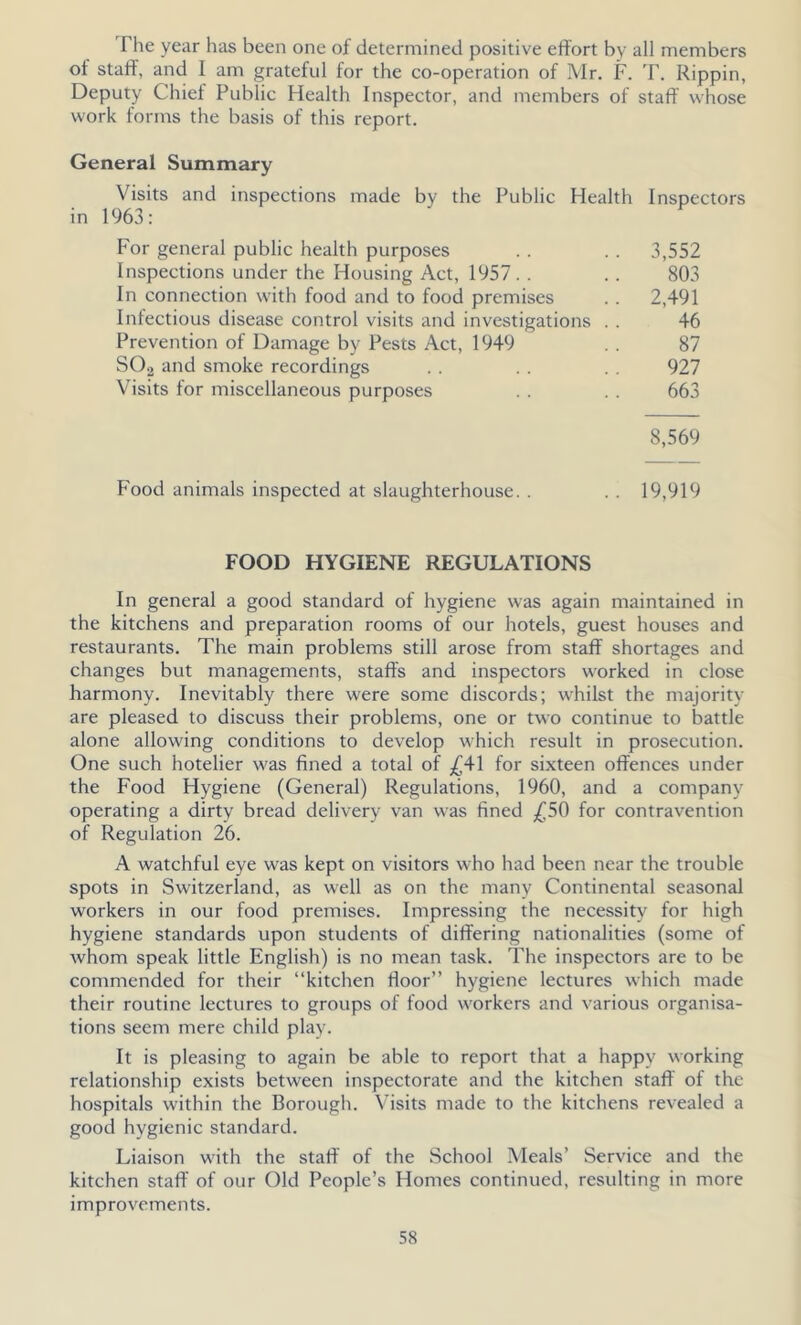 The year has been one of determined positive effort by all members of staff, and I am grateful for the co-operation of Mr. F. T. Rippin, Deputy Chief Public Health Inspector, and members of staff whose work forms the basis of this report. General Summary Visits and inspections made by the Public Health Inspectors in 1963: For general public health purposes . . . . 3,552 Inspections under the Housing Act, 1957. . . . 803 In connection with food and to food premises . . 2,491 Infectious disease control visits and investigations . . 46 Prevention of Damage by Pests Act, 1949 . . 87 S02 and smoke recordings .. . . . . 927 Visits for miscellaneous purposes . . . . 663 8,569 Food animals inspected at slaughterhouse. . . . 19,919 FOOD HYGIENE REGULATIONS In general a good standard of hygiene was again maintained in the kitchens and preparation rooms of our hotels, guest houses and restaurants. The main problems still arose from staff shortages and changes but managements, staffs and inspectors worked in close harmony. Inevitably there were some discords; whilst the majority are pleased to discuss their problems, one or two continue to battle alone allowing conditions to develop which result in prosecution. One such hotelier was fined a total of £41 for sixteen offences under the Food Hygiene (General) Regulations, 1960, and a company operating a dirty bread delivery van was fined £50 for contravention of Regulation 26. A watchful eye was kept on visitors who had been near the trouble spots in Switzerland, as well as on the many Continental seasonal workers in our food premises. Impressing the necessity for high hygiene standards upon students of differing nationalities (some of whom speak little English) is no mean task. The inspectors are to be commended for their “kitchen floor” hygiene lectures which made their routine lectures to groups of food workers and various organisa- tions seem mere child play. It is pleasing to again be able to report that a happy working relationship exists between inspectorate and the kitchen staff of the hospitals within the Borough. Visits made to the kitchens revealed a good hygienic standard. Liaison with the staff of the School Meals’ Service and the kitchen staff of our Old People’s Homes continued, resulting in more improvements.