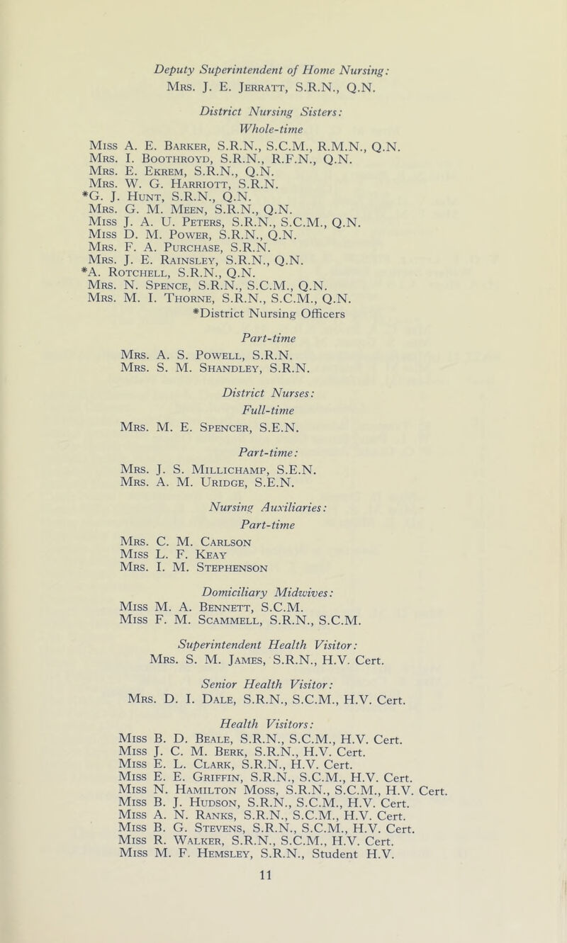 Deputy Superintendent of Home Nursing: Mrs. J. E. Jerratt, S.R.N., Q.N. District Nursing Sisters: Whole-time Miss A. E. Barker, S.R.N., S.C.M., R.M.N., Q.N. Mrs. I. Boothroyd, S.R.N., R.F.N., Q.N. Mrs. E. Ekrem, S.R.N., Q.N. Mrs. W. G. Harriott, S.R.N. *G. J. Hunt, S.R.N., Q.N. Mrs. G. M. Meen, S.R.N., Q.N. Miss J. A. U. Peters, S.R.N., S.C.M., Q.N. Miss D. M. Power, S.R.N., Q.N. Mrs. F. A. Purchase, S.R.N. Mrs. J. E. Rainsley, S.R.N., Q.N. *A. Rotchell, S.R.N., Q.N. Mrs. N. Spence, S.R.N., S.C.M., Q.N. Mrs. M. I. Thorne, S.R.N., S.C.M., Q.N. *District Nursing Officers Part-time Mrs. A. S. Powell, S.R.N. Mrs. S. M. Shandley, S.R.N. District Nurses: Full-time Mrs. M. E. Spencer, S.E.N. Part-time: Mrs. J. S. Millichamp, S.E.N. Mrs. A. M. Uridge, S.E.N. Nursing A uxiliaries: Part-time Mrs. C. M. Carlson Miss L. F. Keay Mrs. I. M. Stephenson Domiciliary Midwives: Miss M. A. Bennett, S.C.M. Miss F. M. Scammell, S.R.N., S.C.M. Superintendent Health Visitor: Mrs. S. M. James, S.R.N., H.V. Cert. Senior Health Visitor: Mrs. D. I. Dale, S.R.N., S.C.M., H.V. Cert. Health Visitors: Miss B. D. Beale, S.R.N., S.C.M., H.V. Cert. Miss J. C. M. Berk, S.R.N., H.V. Cert. Miss E. L. Clark, S.R.N., H.V. Cert. Miss E. E. Griffin, S.R.N., S.C.M., H.V. Cert. Miss N. Hamilton Moss, S.R.N., S.C.M., H.V. Cert. Miss B. J. Hudson, S.R.N., S.C.M., H.V. Cert. Miss A. N. Ranks, S.R.N., S.C.M., H.V. Cert. Miss B. G. Stevens, S.R.N., S.C.M., H.V. Cert. Miss R. Walker, S.R.N., S.C.M., H.V. Cert. Miss M. F. Hemsley, S.R.N., Student H.V.