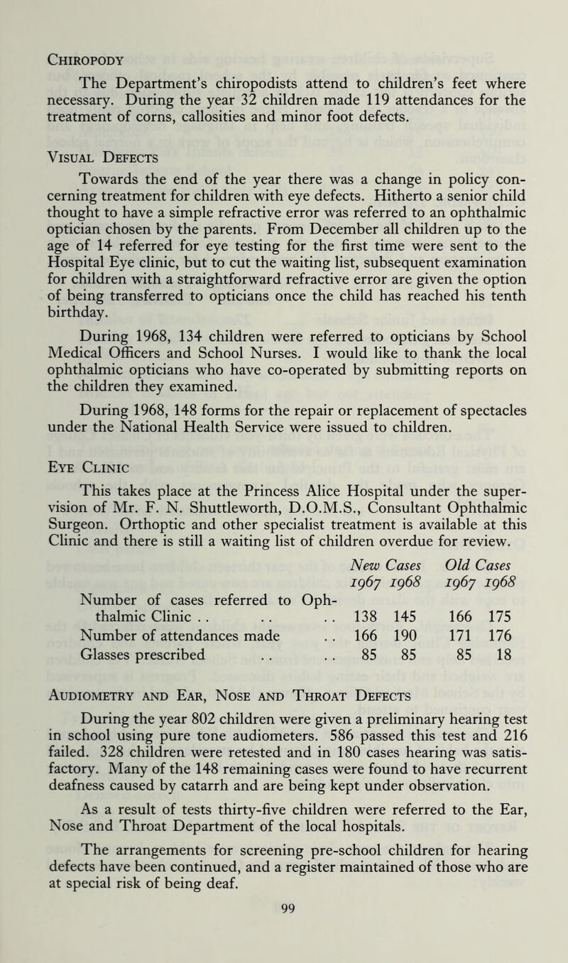 Chiropody The Department’s chiropodists attend to children’s feet where necessary. During the year 32 children made 119 attendances for the treatment of corns, callosities and minor foot defects. Visual Defects Towards the end of the year there was a change in policy con- cerning treatment for children with eye defects. Hitherto a senior child thought to have a simple refractive error was referred to an ophthalmic optician chosen by the parents. From December all children up to the age of 14 referred for eye testing for the first time were sent to the Hospital Eye clinic, but to cut the waiting list, subsequent examination for children with a straightforward refractive error are given the option of being transferred to opticians once the child has reached his tenth birthday. During 1968, 134 children were referred to opticians by School Medical Officers and School Nurses. I would like to thank the local ophthalmic opticians who have co-operated by submitting reports on the children they examined. During 1968, 148 forms for the repair or replacement of spectacles under the National Health Service were issued to children. Eye Clinic This takes place at the Princess Alice Hospital under the super- vision of Mr. F. N. Shuttleworth, D.O.M.S., Consultant Ophthalmic Surgeon. Orthoptic and other specialist treatment is available at this Clinic and there is still a waiting list of children overdue for review. New Cases ig6y ig68 Number of cases referred to Oph- thalmic Clinic .. .. 138 145 Number of attendances made .. 166 190 Glasses prescribed . . . . 85 85 Old Cases ig6y ig68 166 175 171 176 85 18 Audiometry and Ear, Nose and Throat Defects During the year 802 children were given a preliminary hearing test in school using pure tone audiometers. 586 passed this test and 216 failed. 328 children were retested and in 180 cases hearing was satis- factory. Many of the 148 remaining cases were found to have recurrent deafness caused by catarrh and are being kept under observation. As a result of tests thirty-five children were referred to the Ear, Nose and Throat Department of the local hospitals. The arrangements for screening pre-school children for hearing defects have been continued, and a register maintained of those who are at special risk of being deaf.