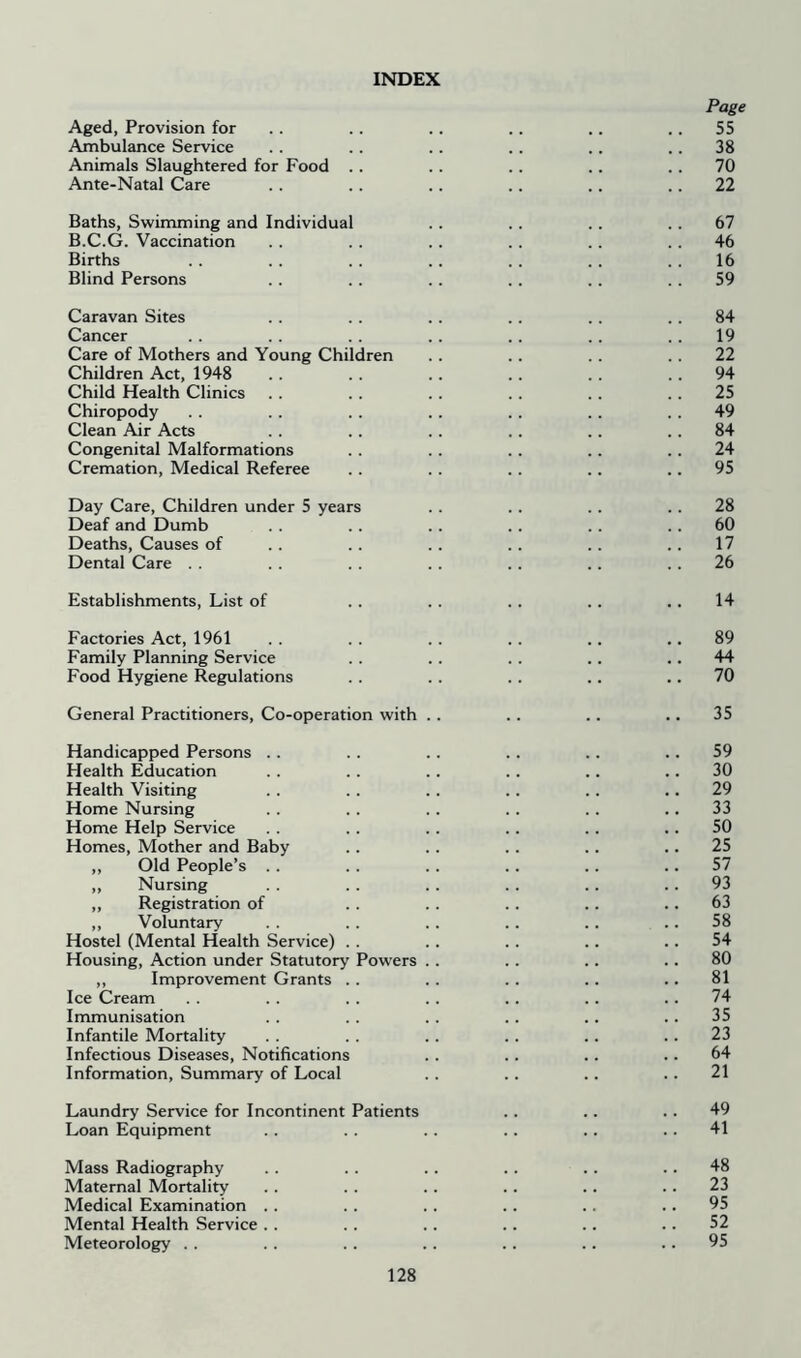 INDEX Page Aged, Provision for .. .. .. .. .. .. 55 Ambulance Service .. .. .. . . .. .. 38 Animals Slaughtered for Food . . .. .. .. .. 70 Ante-Natal Care .. .. .. .. .. .. 22 Baths, Swimming and Individual . . . . . . 67 B.C.G. Vaccination .. .. .. .. .. 46 Births . . .. .. . . .. . . .. 16 Blind Persons .. .. . . .. .. 59 Caravan Sites . . . . .. .. . . 84 Cancer .. .. .. .. .. .. 19 Care of Mothers and Young Children .. .. .. 22 Children Act, 1948 .. .. .. .. .. 94 Child Health Clinics . . .. .. .. .. 25 Chiropody .. .. .. .. .. .. 49 Clean Air Acts .. . . .. .. .. 84 Congenital Malformations . . .. .. .. .. 24 Cremation, Medical Referee . . . . . . .. .. 95 Day Care, Children under 5 years .. .. . . 28 Deaf and Dumb .. . . .. . . .. .. 60 Deaths, Causes of .. .. .. .. .. .. 17 Dental Care . . .. . . . . .. .. 26 Establishments, List of .. . . . . .. .. 14 Factories Act, 1961 .. .. .. .. .. .. 89 Family Planning Service .. .. . . .. .. 44 Food Hygiene Regulations . . . . . . .. .. 70 General Practitioners, Co-operation with . . .. .. .. 35 Handicapped Persons .. .. .. . . .. .. 59 Health Education . . . . .. . . .. .. 30 Health Visiting .. . . . . .. .. .. 29 Home Nursing .. .. .. . . .. .. 33 Home Help Service .. .. .. .. .. .. 50 Homes, Mother and Baby .. . . .. .. .. 25 ,, Old People’s . . . . . . .. .. .. 57 „ Nursing . . . . .. .. .. .. 93 „ Registration of .. .. .. .. .. 63 ,, Voluntary . . .. .. . . .. .. 58 Hostel (Mental Health Service) . . .. . . .. .. 54 Housing, Action under Statutory Powers .. . . .. .. 80 ,, Improvement Grants . . .. . . .. .. 81 Ice Cream . . . . . . .. .. .. .. 74 Immunisation .. .. .. . . .. .. 35 Infantile Mortality . . . . .. .. . . .. 23 Infectious Diseases, Notifications .. .. .. .. 64 Information, Summary of Local . . .. .. . . 21 Laundry Service for Incontinent Patients .. .. .. 49 Loan Equipment .. .. . . .. .. .. 41 Mass Radiography .. .. . . .. .. .. 48 Maternal Mortality . . . . .. .. .. .. 23 Medical Examination .. . . . . .. .. .. 95 Mental Health Service .. . . .. .. .. .. 52 Meteorology . . .. .. .. .. .. .. 95