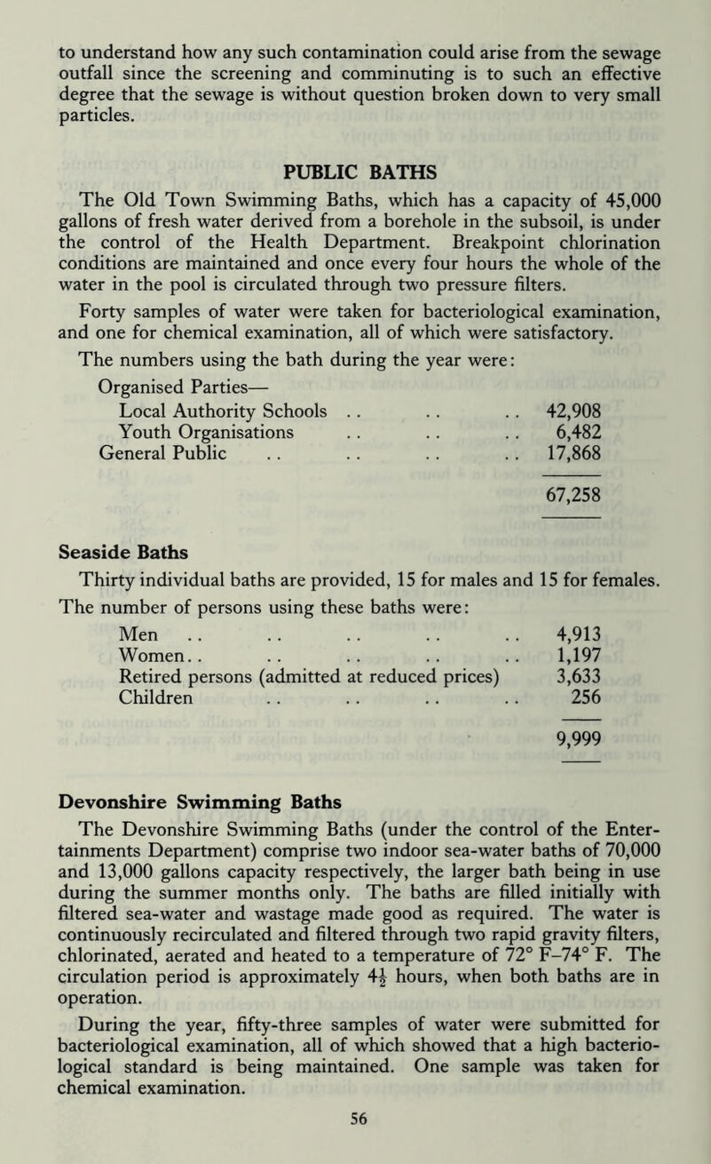 to understand how any such contamination could arise from the sewage outfall since the screening and comminuting is to such an effective degree that the sewage is without question broken down to very small particles. PUBLIC BATHS The Old Town Swimming Baths, which has a capacity of 45,000 gallons of fresh water derived from a borehole in the subsoil, is under the control of the Health Department. Breakpoint chlorination conditions are maintained and once every four hours the whole of the water in the pool is circulated through two pressure filters. Forty samples of water were taken for bacteriological examination, and one for chemical examination, all of which were satisfactory. The numbers using the bath during the year were: Organised Parties— Local Authority Schools .. .. .. 42,908 Youth Organisations .. .. .. 6,482 General Public .. .. .. . . 17,868 67,258 Seaside Baths Thirty individual baths are provided, 15 for males and 15 for females. The number of persons using these baths were: Men .. .. 4,913 Women.. .. .. .. .. 1,197 Retired persons (admitted at reduced prices) 3,633 Children .. .. .. .. 256 9,999 Devonshire Swimming Baths The Devonshire Swimming Baths (under the control of the Enter- tainments Department) comprise two indoor sea-water baths of 70,000 and 13,000 gallons capacity respectively, the larger bath being in use during the summer months only. The baths are filled initially with filtered sea-water and wastage made good as required. The water is continuously recirculated and filtered through two rapid gravity filters, chlorinated, aerated and heated to a temperature of 72° F-74° F. The circulation period is approximately 4| hours, when both baths are in operation. During the year, fifty-three samples of water were submitted for bacteriological examination, all of which showed that a high bacterio- logical standard is being maintained. One sample was taken for chemical examination.