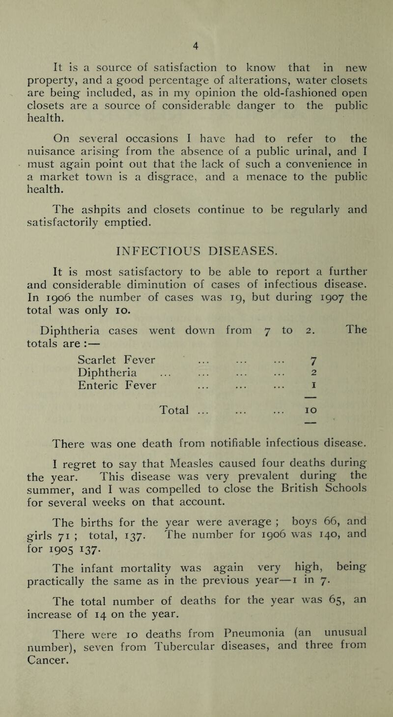 It is a source of satisfaction to know that in new property, and a good percentage of alterations, water closets are being included, as in my opinion the old-fashioned open closets are a source of considerable danger to the public health. On several occasions I have had to refer to the nuisance arising from the absence of a public urinal, and I must again point out that the lack of such a convenience in a market town is a disgrace, and a menace to the public health. The ashpits and closets continue to be regularly and satisfactorily emptied. INFECTIOUS DISEASES. It is most satisfactory to be able to report a further and considerable diminution of cases of infectious disease. In 1906 the number of cases was 19, but during 1907 the total was only 10. Diphtheria cases went down from 7 to 2. totals are :— Scarlet Fever ... ... ... 7 Diphtheria ... ... ... ... 2 Enteric Fever ... ... ... 1 The Total ... ... ... 10 There was one death from notifiable infectious disease. I regret to say that Measles caused four deaths during the year. This disease was very prevalent during the summer, and I was compelled to close the British Schools for several weeks on that account. The births for the year were average ; boys 66, and girls 71 ; total, 137. The number for 1906 was 140, and for 1905 137. The infant mortality was again very high, being practically the same as in the previous year—1 in 7. The total number of deaths for the year was 65, an increase of 14 on the year. There were 10 deaths from Pneumonia (an unusual number), seven from Tubercular diseases, and three from Cancer.