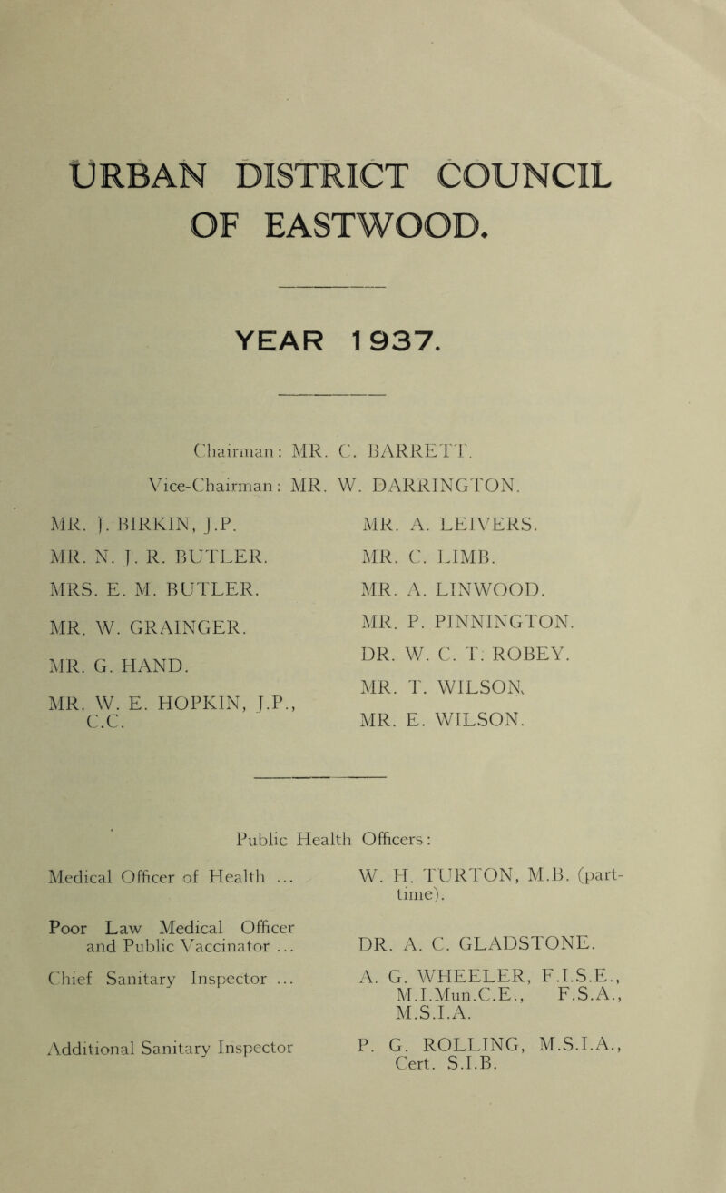 OF EASTWOOD. YEAR 1937. Chairman: MR. Vice-Chairman: MR. MR. ). BIRKIN, J.P. MR. N. T. R- BUTLER. MRS. E. M. BUTLER. MR. W. GRAINGER. MR. G. HAND. MR. W. E. HOPKIN, J.P., C.C. C. BARRETT. W. DARRINGTON. MR. A. LEI VERS. MR. C. LIMB. MR. A. LINWOOD. MR. P. PINNINGTON. DR. W. C. T. ROBEY. MR. T. WILSON, MR. E. WILSON. Public Health Officers: Medical Officer of Health ... Poor Law Medical Officer and Public Vaccinator ... Chief Sanitary Inspector ... Additional Sanitary Inspector W. H. TURTON, M.B. (part- time) . DR. A. C. GLADSTONE. A. G. WHEELER, F.I.S.E., M.I.Mun.C.E., F.S.A., M.S.I.A. P. G. ROLLING, M.S.I.A., Cert. S.I.B.