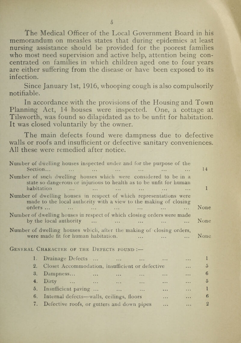 The Medical Officer of the Local Government Board in his memorandum on measles states that during epidemics at least nursing assistance should be provided for the poorest families who most need supervision and active help, attention being con- centrated on families in which children aged one to four years are either suffering from the disease or have been exposed to its infection. Since January 1st, 1916, whooping cough is also compulsorily notifiable. In accordance with the provisions of the Housing and Town Planning Act, 14 houses were inspected. One, a cottage at Tilsworth, was found so dilapidated as to be unfit for habitation. It was closed voluntarily by the owner. The main defects found were dampness due to defective walls or roofs and insufficient or defective sanitary conveniences. All these were remedied after notice. Number of dwelling houses inspected under and for the purpose of the Section... ... ... ... ... ... ... 14 Number of such dwelling houses which were considered to be in a state so dangerous or injurious to health as to be unfit for human habitation ... ... ... ... ... ... 1 Number of dwelling houses in respect of which representations were made to the local authority with a view to the making of closing orders ... ... ... ... ... ... ... None Number of dwelling houses in respect of which closing orders were made by the local authority ... ... ... ... ... None Number of dwelling houses which, after the making of closing orders, were made fit for human habitation. ... ... ... None Genkral Character of the Defects found :— 1. Drainage Defects ... ... ... ... ... 1 2. Closet Accommodation, insufficient or defective ... 5 3. Dampness... ... ... ... ... ... 6 4. Dirty ... ... ... ... ... ... 5 5. Insufficient paving ... ... ... ... ... 1 6. Internal defects—walls, ceilings, floors ... ... 6 7. Defective roofs, or gutters and down pipes ... ... 2