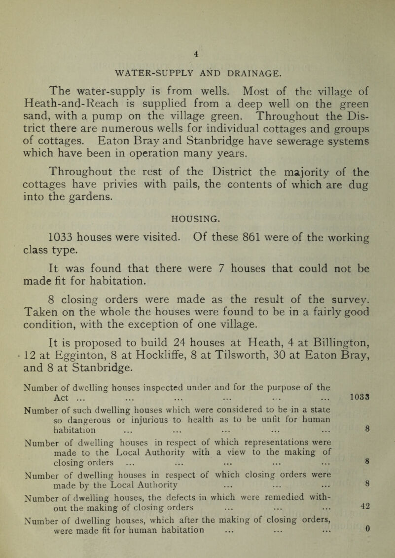WATER-SUPPLY AND DRAINAGE. The water-supply is from wells. Most of the village of Heath-and-Reach is supplied from a deep well on the green sand, with a pump on the village green. Throughout the Dis- trict there are numerous wells for individual cottages and groups of cottages. Eaton Bray and Stanbridge have sewerage systems which have been in operation many years. Throughout the rest of the District the majority of the cottages have privies with pails, the contents of which are dug into the gardens. HOUSING. 1033 houses were visited. Of these 861 were of the working class type. It was found that there were 7 houses that could not be made fit for habitation. 8 closing orders were made as the result of the survey. Taken on the whole the houses were found to be in a fairly good condition, with the exception of one village. It is proposed to build 24 houses at Heath, 4 at Billington, 12 at Egginton, 8 at Hockliffe, 8 at Tilsworth, 30 at Eaton Bray, and 8 at Stanbridge. Number of dwelling houses inspected under and for the purpose of the Act ... Number of such dwelling houses which were considered to be in a state so dangerous or injurious to health as to be unfit for human habitation Number of dwelling houses in respect of which representations were made to the Local Authority with a view to the making of closing orders Number of dwelling houses in respect of which closing orders were made by the Local Authority Number of dwelling houses, the defects in which were remedied with- out the making of closing orders Number of dwelling houses, which after the making of closing orders, were made fit for human habitation 1033 8 8 8 42 0