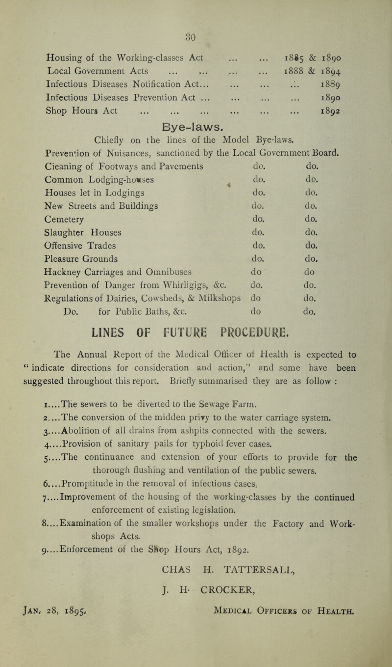 Housing of the Working-classes Act ... ... 1885 & 1890 Local Government Acts ... ... ... ... 1888 & 1894 Infectious Diseases Notification Act... ... ... 1889 Infectious Diseases Prevention Act ... ... ... ... 1890 Shop Hours Act ... ... ... ... ... ... 1892 Bye-laws. Chiefly on the lines of the Model Bye-laws. Prevention of Nuisances, sanctioned by the Local Government Board. Cleaning of Footways and Pavements do. do. Common Lodging-homses ^ do. do. Houses let in Lodgings do. do. New Streets and Buildings do. do. Cemetery do. do. Slaughter Houses do. do. Offensive Trades do. do. Pleasure Grounds do. do. Hackney Carriages and Omnibuses do do Prevention of Danger from Whirligigs, &c. do. do. Regulations of Dairies, Cowsheds, & Milkshops do do. Do. for Public Baths, &c. do do. LINES OF FUTURE PROCEDURE. The Annual Report of the Medical Officer of Health is expected to “ indicate directions for consideration and action,” and some have been suggested throughout this report. Briefly summarised they are as follow : 1.. ..The sewers to be diverted to the Sewage Farm. 2.. ..The conversion of the midden privy to the water carriage system. 3.. ..Abolition of all drains from ashpits connected with the sewers. 4.. ..Provision of sanitary pails for typhoid fever cases. 5.. ..The continuance and extension of your efforts to provide for the thorough flushing and ventilation of the public sewers. 6.. ..Promptitude in the removal of infectious cases, 7.. ..1.provement of the housing of the working-classes by the continued enforcement of existing legislation. 8.. ..Examination of the smaller workshops under the Factory and Work- shops Acts. 9.. ..Enforcement of the Shop Hours Act, 1892. CHAS H. TATTERSALL, J. H- CROCKER, Jan. 28, 1895. Medical Officers of Health.
