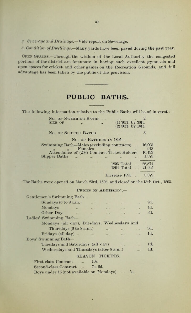 2. Sewerage and Drainage.—Vide report on Sewerage. 3. Condition of Dwellings.—Many yards have been paved during the past year. Opex Spaces.—Through the wisdom of the Local Authority the congested portions of the district are fortunate in having such excellent gymnasia and open spaces for cricket and other games on the Recreation Grounds, and full advantage has been taken by the public of the provision. PUBLIC BATHS. The following information relative to the Public Baths will be of interest:— No. of Swimming Baths ... ... ... 2 Size of ,, „ (1) 70ft. by 30ft. (2) 30ft. by 16ft. No. of Slipper Baths ... ... ... 8 No. of Bathers in 1895— Swimming Bath—Males (excluding contracts) ... 16,095 ,, ,, Females ,, ... 913 Attendance of (203) Contract Ticket Holders 10,493 Slipper Baths ... ... ... ... ... 1,373 1895 Total 28,874 1894 Total ... 24,995 Increase 1895 ... 3,879 The Baths were opened on March 23rd, 1895, and closed on 1 he 13th Oct., 1895. Prices of Admission :— Gentlemen's Swimming Bath— Sundays (6 to 9a.m.) ... ... ... 2d. Mondays ... ... ... ... ... 4d. Other Days ... ... ... ... 3d. Ladies’ Swimming Bath— Mondays (all day), Tuesdays, Wednesdays and Thursdays (6 to 8 a.m.) ... ... 3d. Fridays (all day) ... ... ... ... ... Id. Boys’ Swimming Bath— Tuesdays and Saturdays (all day) ... ... Id. Wednesdays and Thursdays (after 8 a.m.) ... Id. SEASON TICKETS. First-class Contract ... 10s. Second-class Contract ... 7s. 6d. Boys under 15 (not available on Mondays) ... 5s.