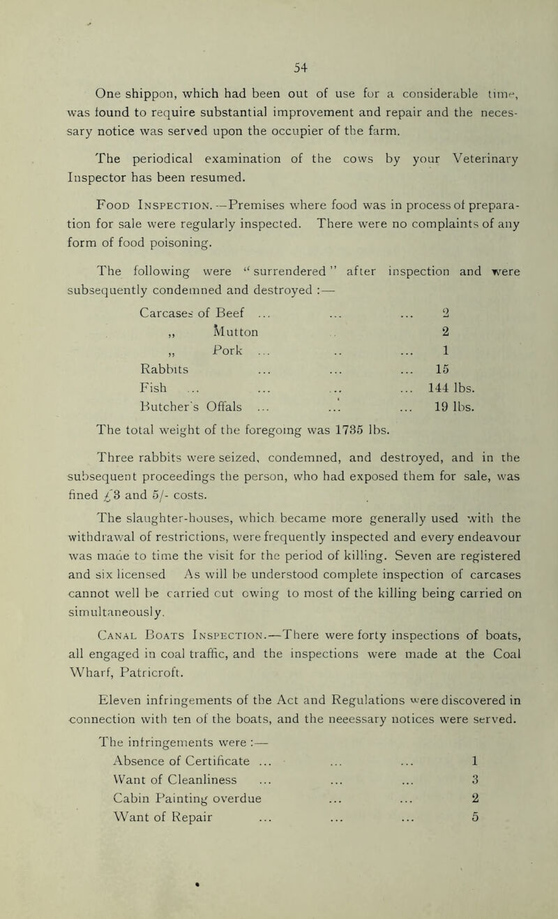 One shippon, which had been out of use for a considerable time, was found to require substantial improvement and repair and the neces- sary notice was served upon the occupier of the farm. The periodical examination of the cows by your Veterinary Inspector has been resumed. Food Inspection.—Premises where food was in process of prepara- tion for sale were regularly inspected. There were no complaints of any form of food poisoning. The following were “surrendered” after inspection and were subsequently condemned and destroyed :— Carcases of Beef ... ... ... 2 ,, Mutton 2 ,, Pork ... .. ... 1 Rabbits ... ... ... 15 Fish ... ... .. ... 144 lbs. Butcher's Offals ... ... ... 19 lbs. The total weight of the foregoing was 1735 lbs. Three rabbits were seized, condemned, and destroyed, and in the subsequent proceedings the person, who had exposed them for sale, was fined £3 and 5/- costs. The slaughter-houses, which became more generally used with the withdrawal of restrictions, were frequently inspected and every endeavour was made to time the visit for the period of killing. Seven are registered and six licensed As will be understood complete inspection of carcases cannot well he carried cut owing to most of the killing being carried on simultaneously. Canal Boats Inspection.—There were forty inspections of boats, all engaged in coal traffic, and the inspections were made at the Coal Wharf, Patricroft. Eleven infringements of the Act and Regulations were discovered in connection with ten of the boats, and the neeessary notices were served. The infringements were :— Absence of Certificate ... ... ... 1 Want of Cleanliness ... ... ... 3 Cabin Painting overdue ... ... 2 Want of Repair ... ... ... 5