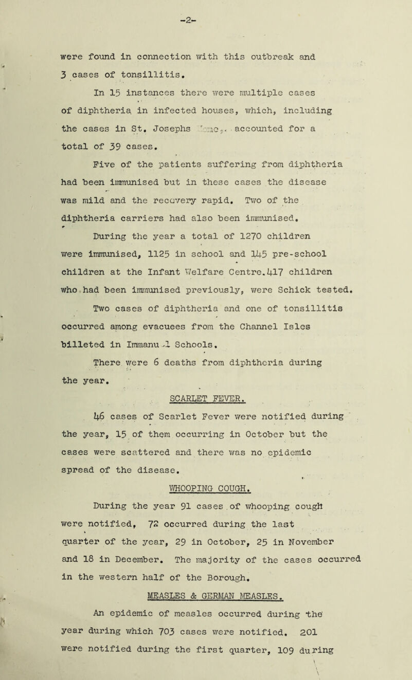 3 cases of tonsillitis. In 15 instances there were multiple cases of diphtheria in infected houses, which, including the cases in St. Josephs .romcP« accounted for a total of 39 cases. Five of the patients suffering from diphtheria had been immunised but in these cases the disease was mild and the recovery rapid. Two of the diphtheria carriers had also been immunised. During the year a total of 1270 children were immunised, 1125 in school and 145 pre-school children at the Infant WeIfare Centre.417 children who had been immunised previously, were Schick tested. Two cases of diphtheria and one of tonsillitis occurred among evacuees from the Channel Isles billeted in Immanu -1 Schools. There were 6 deaths from diphtheria during the year. SCARLET FEVER. 46 cases of Scarlet Fever were notified during the year, 15 of them occurring in October but the cases were scattered and there was no epidemic spread of the disease. i WHOOPING COUCH. During the year 91 cases.of whooping cough were notified, 72 occurred during the last quarter of the year, 29 in October, 25 in November and 18 in December. The majority of the cases occurred in the western half of the Borough. MEASLES & GERMAN MEASLES. An epidemic of measles occurred during *the' year during which 703 cases were notified, 201 were notified during the first quarter, 109 during