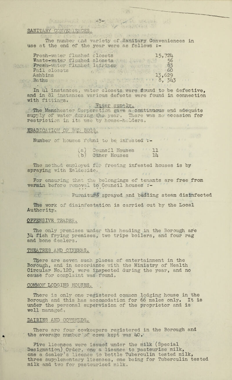 SANITARY C0N7EI11 SN CES, The number ond variety of Sanitary Conveniences in use at the end of the year were as follows :- \ ( « . •* • ‘ ' Fresh-water flushed closets 15*724 Waste-water flushed closets 56 Fresh-water flushed latrines 83 Pail closets 60 Ashbins ... 13,629 Baths 8, 343 In 41 instances, water closets were found to be defective, and in 81 instances various defects were found in connection with fittings* Water_ supply a The Manchester Corporation gave a continuous supply of water during, the year® There was no restriction in its use by house-holders.. and adequate occasion for ERADICATION OF BED BU63. Number of houses found to be infested :- (a) Council Houses 11 vb/ Other Houses 14 The method employed for freeing infested houses is by spraying with Zaldecidee For ensuring that the belongings of tenants are free from vermin before removal to Council houses :- Furniturd' sprayed and bedding steam disinfected The work of disinfestation is carried out by the Local Authority-, OFFENSIVE TRADES. The only premises under this heading in the Borough are 34 fish frying premises, two tripe boilers, and four rag and bone dealers, THEATRES AND CINEMAS. There are seven such places of entertainment in the Borough, and in accordance with the Ministry of Health Circular Noe. 120, were inspected during the year, and no cause for complaint was found, COMMON LODGING HOUSES. There is only one registered common lodging house in the Borough and this has accomodation for 66 males only. It is under the personal supervision of the proprietor and is well managed, DAIRIES ...AND_ COWSHEDS,. There are four cowkeepers registered in the Borough and the average number of cows kept was 40. Five licenses were issued under the milk (Special Designation) Order, one a licence to pasteurise milk, one a dealer's licence to bottle Tuberculin tested milk, three supplementary licences, one being for Tuberculin tested milk and two for pasteurised milk.
