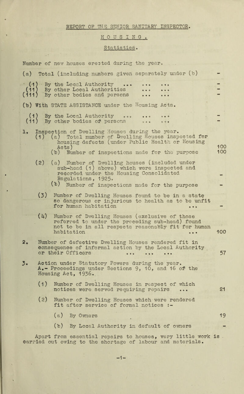 REPORT OP THE SENIOR SANITARY INSPECTOR. HOUSING. Statistics o Number of new houses erected during (a) Total (including numbers given ■ (-1) By the Local Authority (11) By other Local Authorities (111) By other bodies and persons (b) ¥ith STATE ASSISTANCE under the (1) By the Local Authority eo« (li) By other bodies of persons !• Inspection of Dwelling Houses during the year. (1) (a) Total number of Dwelling Houses inspected for housing defects (under Public Health or Housing Acts) lOO (b) Humber of inspections made for the purpose 100 (2) (a) Number of Dwelling houses (included under sub-head (1) above) which were inspected and recorded under the Housing Consolidated Regulations, 1925® (l) Number of inspections made for the purpose (3) Number of Dv/elling Houses found to be in a state so dangerous or injurious to health as to be unfit for human habitation ... - (i;) Number of DY/elling Houses (exclusive of those referred to under the preceding sub-head) found not to be in all respects reasonably fit for human habitation ... 100 2* Number of defective Dwelling Houses rendered fit in consequence of informal action ty the Local Authority _ or their Officers ... ... ... 57 3* Action under Statutory Powers during the year. A,- Proceedings under Sections 9? 10, and I6 of the Housing Act, 1936.. (1) Number of Dwelling Houses in respect of which notices were served requiring repairs ... 21 (2) Number of Dwelling Houses which were rendered fit after service of formal notices (a) By Owners 19 (b) By Local Authority in default of owners - Apart from essential repairs to houses, very little work is carried out owing to the shortage of labour and materials. the year. separately under (b) e • o o • • e « fi 9 0 0 • • • • • • Housing Acts. • • C 9 • o c r. c o o • -1-