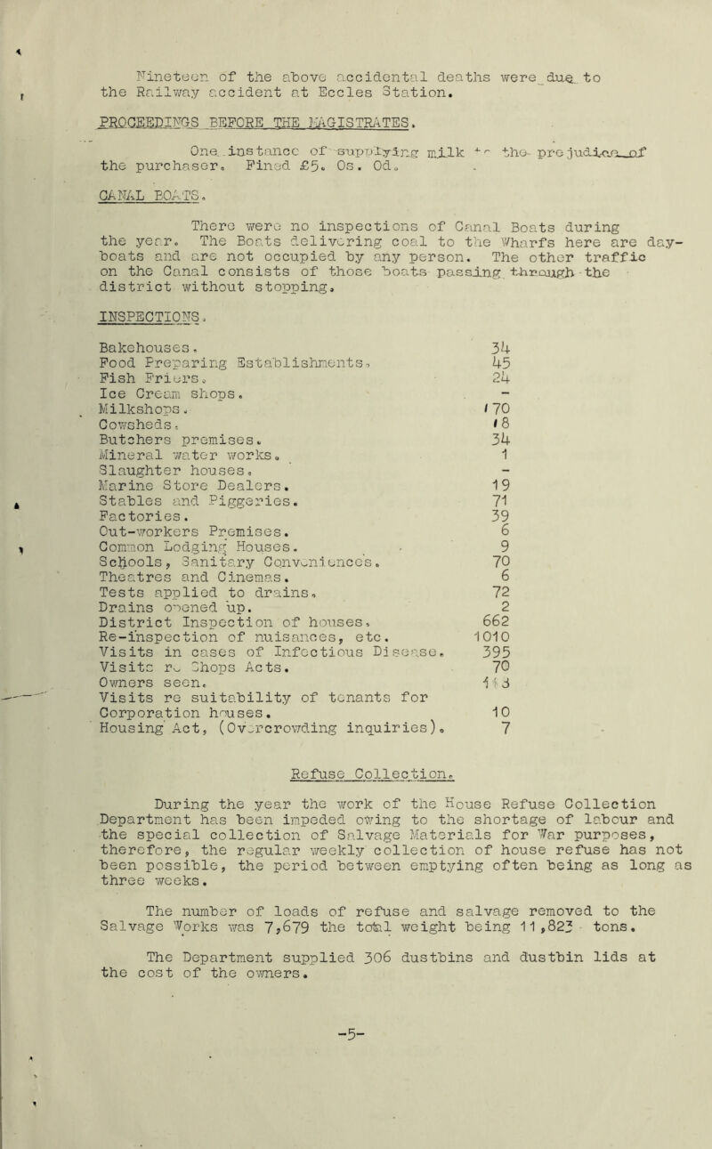 Nineteen of the ahove accidental deaths were__dja^ to the Railv/ay accident at Eccles Station, PROGEEDINGS BEFORE THE M/iGISTR-^TES. Onegins tone c of'-sxipp'iyingr nijLlk the- pre of the purchaser. Pined £5« Os. Odo CANAL BOATS, There were no inspections of Canal Boats during the year. The Boats delivering coal to the Wharfs here are day- boats and are not occupied by any person. The other traffic on the Canal consists of those boats passing. t-Arcaigh-the district without stopping, INSPECTIONS, Bakehouses, Pood Preparing Ssta'blishmentso Pish Friers, Ice Cream shops, Milkshops, Cowsheds, Butchers premises. Mineral water works. Slaughter houses. Marine Store Dealers. Staples and Piggeries. Factories. Out-workers Premises. Common Lodging Houses. Schools, Sanitary Conveniences. Theatres and Cinemas. Tests applied to drains. Drains omened up. District Inspection of houses, Re-ihspection of nuisances, etc. Visits in cases of Infectious Disease, Visits r^. Shops Acts, Owners seen. Visits re suitability of tenants for Corporation houses. Housing’Act, (Overcrowding inquiries). Refuse Collection, During the year the work of the House Refuse Collection Department has been impeded owing to the shortage of labcur and the special collection of Salvage Materials for '^Var purposes, therefore, the regular weekly collection of house refuse has not been possible, the period bet-ween eniptying often being as long as three v/eeks. The number of loads of refuse and salvage removed to the Salvage Works v/as 7?679 the total weight being 11,823 tons. The Department supplied 306 dustbins and dustbin lids at the cost of the owners. 34 45 ph / 70 34 1 19 71 39 6 9 70 6 72 2 662 1010 395 70 10 7 -5-