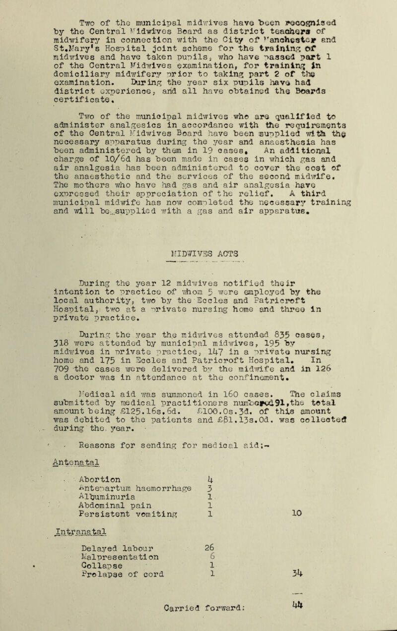 Two of the m-anicipal midYjives have been recognised by the Central ^^^Idwives Board as district teacshera of midwifery in connection with the City of ^’anchester and St*Hary*s Hospital joint scheme for the training of midwives and have taken pupilsj who have nassed part 1 of the Central Midv/ives examination, for training In domiciliary midY/ifery prior to taking part 2 of tlie examination. During the year six pupils have had district experience, and all have obtained the Boards certificate'. Tv/o of the municipal midwives who are qualified to administer analgesics in accordance with the requirements of the Central Hidwives Board have been supplied with th© necessary apparatus during the year and anaesthesia has been administered by them in 19 cases. An additional charge of 10/6d has been made in cases in which gas and air analgesia has been administered to cover the cost of the anaesthetic and the services of the second midwife. The mothers who have liad gas and air analgesia have expressed their appreciation of the relief, A third municipal midwife has noY/ completed the necessary training and will bQ;,.supplied v/ith a gas and air apparatus. MIDLIVES ACTS During the year 12 midv/ives notified their intention to practice of whom 5 were employed by the local authority, tv/o by the Sccles and Patricroft Hospital, tY/o at a -private nursing home and three in private practice. During the year the midY.aves attended 835 cases, 318 were attended by municipal midwives, 195 by midwives in private practice, 147 in a orivate nursing home and 175 in Eccles and Patricroft Hospital. In 709 the cases were delivered by the midYdfe and in 126 a doctor was in attendance at the confinement* J'edical aid Yras summoned in l6o cases. The claims submitted by medical practitioners numborcdSlfthe total amount being £125.l6s.6d. £100.Os.3d, of this amount was debited to the patients and £8l.l3s.Od. was collectetJ during the. year. Reasons for sending for medical aid;- Antenatal Abortion •Antepartum haemorrhage Albuminuria Abdominal pain Persistent vomiting Intranatal Delayed labour Malpresentation Collapse Prolapse of cord 10 26 6 1 1 34 Carried forward;