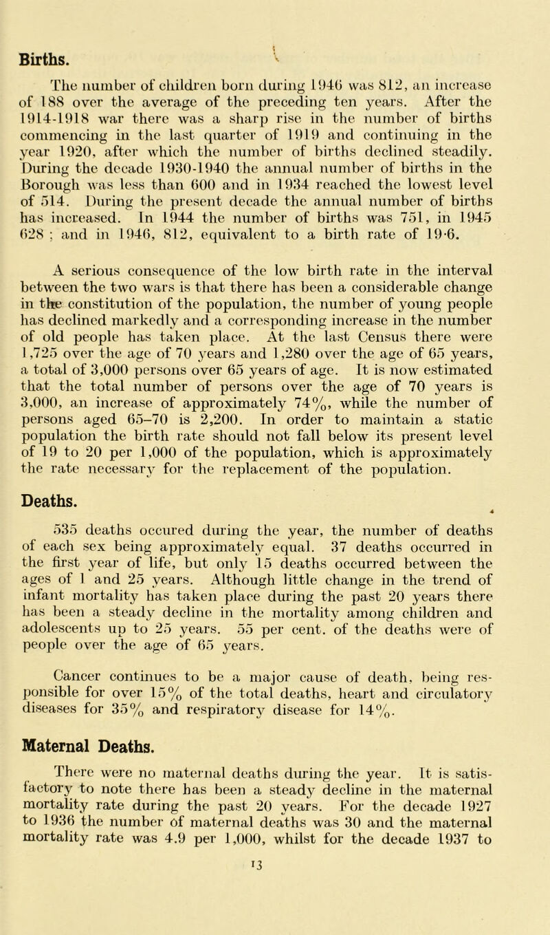 Births. \ The number of children born during 11)40 was 812, an increase of 188 over the average of the preceding ten years. After the 1914-1918 war there was a sharp rise in the number of births commencing in the last quarter of 1919 and continuing in the year 1920, after which the number of births declined steadily. During the decade 1930-1940 the annual number of births in the Borough was less than (300 and in 1934 reached the lowest level of 514. During the present decade the annual number of births has increased. In 1944 the number of births was 751, in 1945 (128 ; and in 1946, 812, equivalent to a birth rate of 19-6. A serious consequence of the low birth rate in the interval between the two wars is that there has been a considerable change in the constitution of the population, the number of young people has declined markedly and a corresponding increase in the number of old people has taken place. At the last Census there were 1,725 over the age of 70 years and 1,280 over the age of 65 years, a total of 3,000 persons over 65 years of age. It is now estimated that the total number of persons over the age of 70 years is 3,000, an increase of approximately 74%, while the number of persons aged 65-70 is 2,200. In order to maintain a static population the birth rate should not fall below its present level of 19 to 20 per 1,000 of the population, which is approximately the rate necessary for the replacement of the population. Deaths. 4 535 deaths occured during the year, the number of deaths of each sex being approximately equal. 37 deaths occurred in the first year of life, but only 15 deaths occurred between the ages of 1 and 25 years. Although little change in the trend of infant mortality has taken place during the past 20 years there has been a steady decline in the mortality among children and adolescents up to 25 years. 55 per cent, of the deaths were of people over the age of 65 years. Cancer continues to be a major cause of death, being res- ponsible for over 15% of the total deaths, heart and circulatory diseases for 35% and respiratory disease for 14 %• Maternal Deaths. There were no maternal deaths during the year. It is satis- factory to note there has been a steady decline in the maternal mortality rate during the past 20 years. For the decade 1927 to 1936 the number of maternal deaths was 30 and the maternal mortality rate was 4.9 per 1,000, whilst for the decade 1937 to i3
