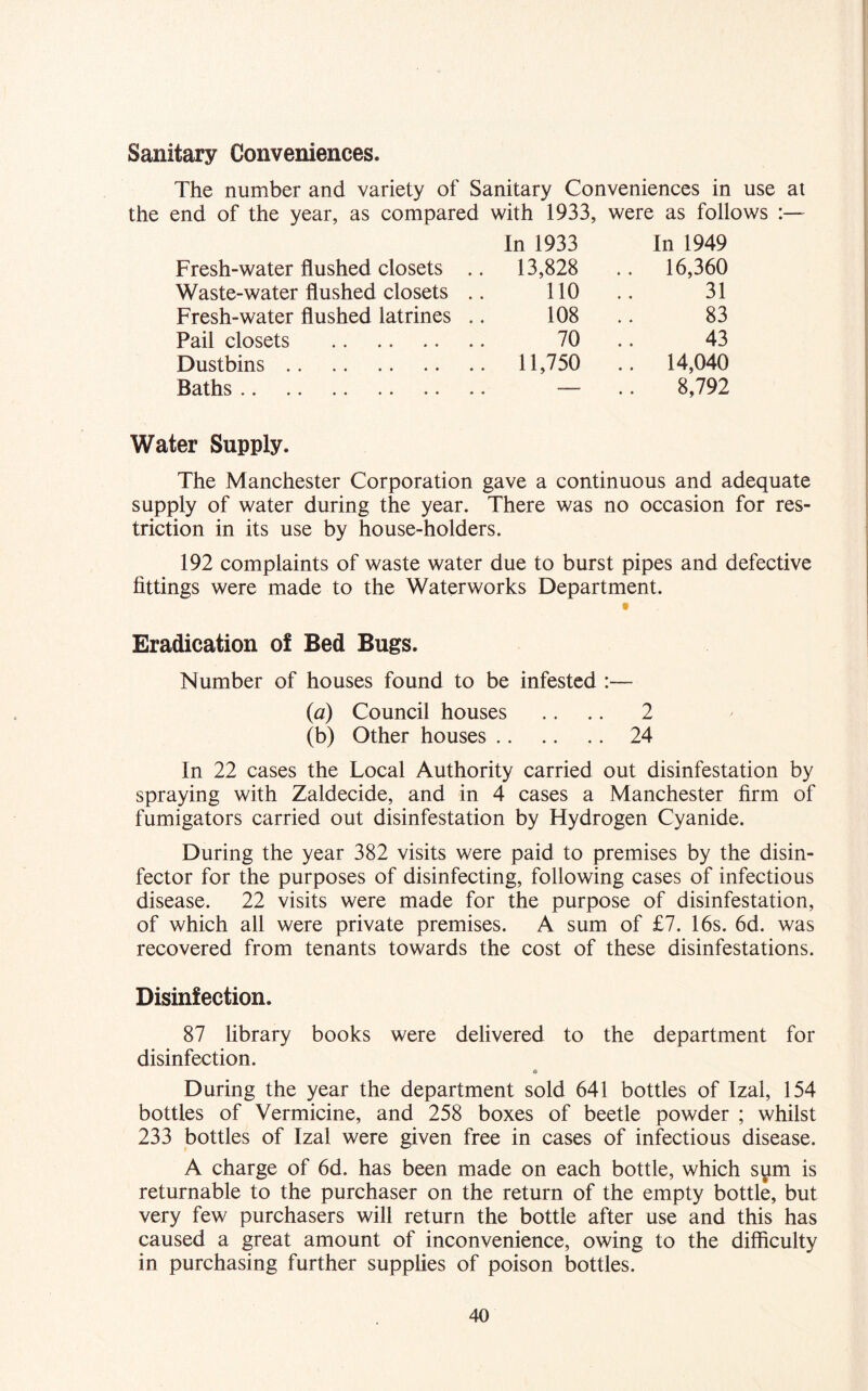 Sanitary Conveniences. The number and variety of Sanitary Conveniences in use at the end of the year, as compared with 1933, were as follows In 1933 In 1949 Fresh-water flushed closets .. 13,828 16,360 Waste-water flushed closets .. 110 31 Fresh-water flushed latrines .. 108 83 Pail closets 70 43 Dustbins 11,750 .. 14,040 Baths — 8,792 Water Supply. The Manchester Corporation gave a continuous and adequate supply of water during the year. There was no occasion for res- triction in its use by house-holders. 192 complaints of waste water due to burst pipes and defective fittings were made to the Waterworks Department. Eradication of Bed Bugs. Number of houses found to be infested :— {a) Council houses .. .. 2 (b) Other houses 24 In 22 cases the Local Authority carried out disinfestation by spraying with Zaldecide, and in 4 cases a Manchester firm of fumigators carried out disinfestation by Hydrogen Cyanide. During the year 382 visits were paid to premises by the disin- fector for the purposes of disinfecting, following cases of infectious disease. 22 visits were made for the purpose of disinfestation, of which all were private premises. A sum of £7. 16s. 6d. was recovered from tenants towards the cost of these disinfestations. Disinfection. 87 library books were delivered to the department for disinfection. a During the year the department sold 641 bottles of Izal, 154 bottles of Vermicine, and 258 boxes of beetle powder ; whilst 233 bottles of Izal were given free in cases of infectious disease. A charge of 6d. has been made on each bottle, which sum is returnable to the purchaser on the return of the empty bottle, but very few purchasers will return the bottle after use and this has caused a great amount of inconvenience, owing to the difficulty in purchasing further supplies of poison bottles.