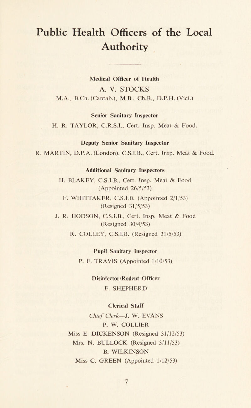 Public Health Officers of the Local Authority Medical Officer of Health A. V. STOCKS M.A.. B.Ch. (Cantab.), M B , Ch.B., D.P.H. (Viet.) Senior Sanitary Inspector H. R. TAYLOR, C.R.S.L, Cert. Insp. Meat & Food. Deputy Senior Sanitary Inspector R. MARTIN, D.P.A. (London), C.S.T.B., Cert. Insp. Meat & Food. Additional Sanitary Inspectors H. BLAKEY, C.S.I.B., Cert. Insp. Meat & Food (Appointed 26/5/53) F. WHITTAKER, C.S.I.B. (Appointed 2/1/53) (Resigned 31/5/53) J. R, HODSON, C.S.I.B., Cert. Insp. Meat & Food (Resigned 30/4/53) R. COLLEY, C.S.I.B. (Resigned 31/5/53) Pupil Sanitary Inspector P. E. TRAVIS (Appointed 1/10/53) Dislnfector/Rodent Officer F. SHEPHERD Clerical Staff Chief Clerk—W. EVANS P. W. COLLIER Miss E. DICKENSON (Resigned 31/12/53) Mrs. N. BULLOCK (Resigned 3/11/53) B. WILKINSON Miss C. GREEN (Appointed 1/12/53)