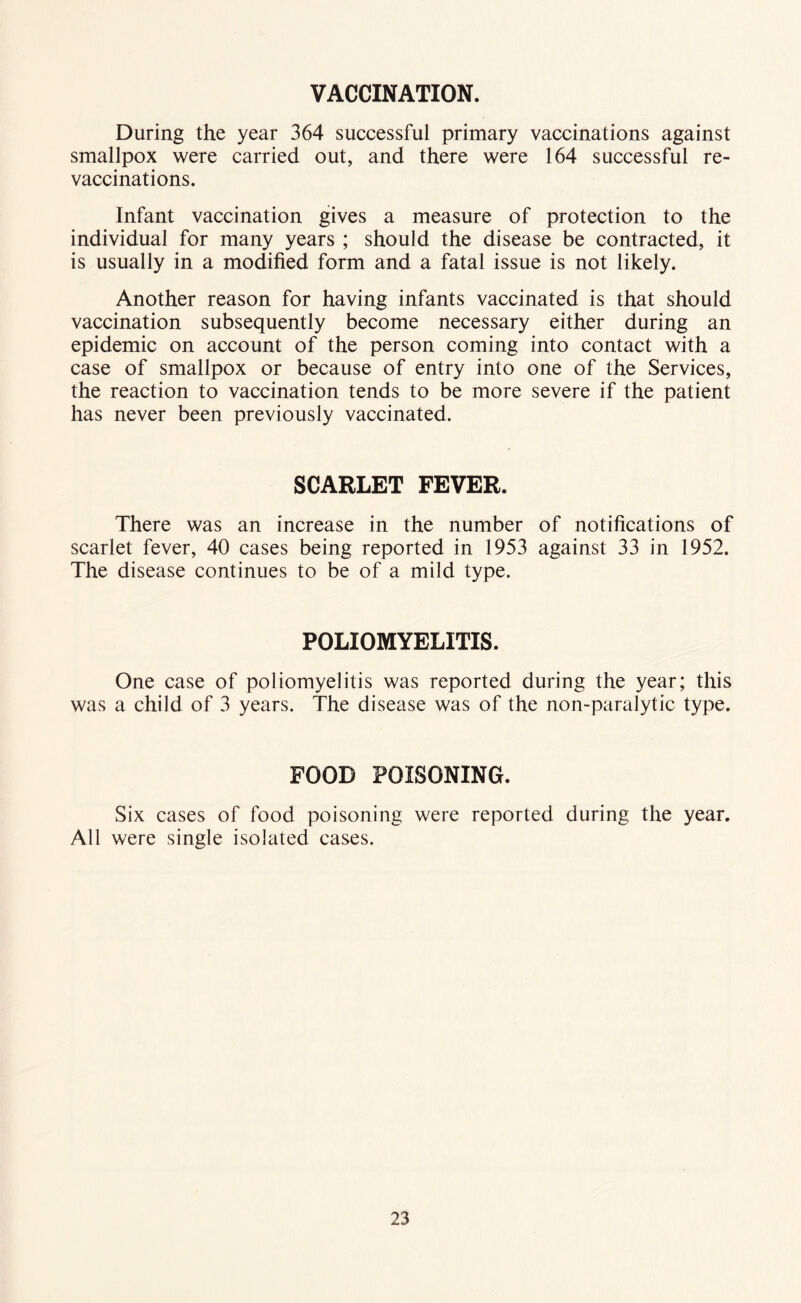 VACCINATION. During the year 364 successful primary vaccinations against smallpox were carried out, and there were 164 successful re- vaccinations. Infant vaccination gives a measure of protection to the individual for many years ; should the disease be contracted, it is usually in a modified form and a fatal issue is not likely. Another reason for having infants vaccinated is that should vaccination subsequently become necessary either during an epidemic on account of the person coming into contact with a case of smallpox or because of entry into one of the Services, the reaction to vaccination tends to be more severe if the patient has never been previously vaccinated. SCARLET FEVER. There was an increase in the number of notifications of scarlet fever, 40 cases being reported in 1953 against 33 in 1952. The disease continues to be of a mild type. POLIOMYELITIS. One case of poliomyelitis was reported during the year; this was a child of 3 years. The disease was of the non-paralytic type. FOOD POISONING. Six cases of food poisoning were reported during the year. All were single isolated cases.