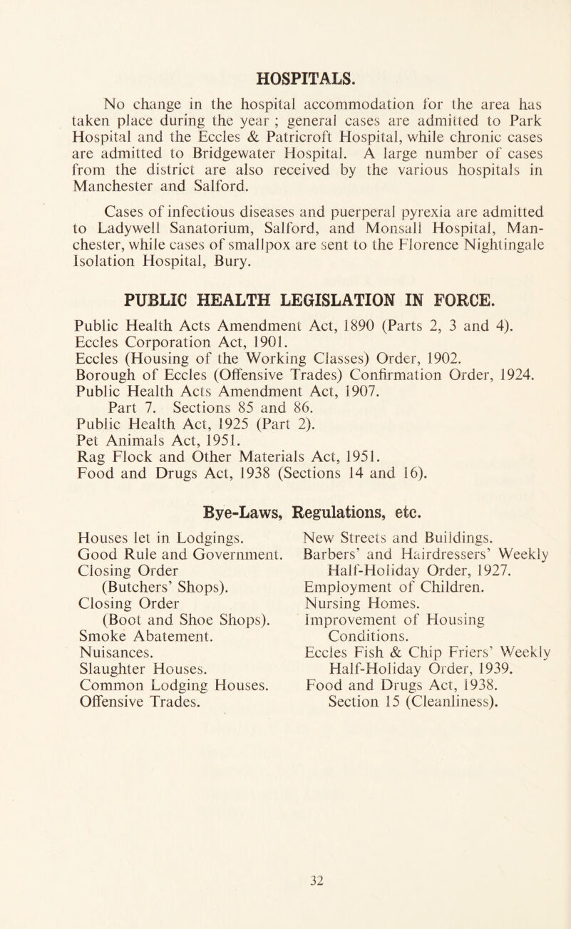 HOSPITALS. No change in the hospital accommodation for (he area has taken place during the year ; genera] cases are admitted to Park Hospital and the Eccles & Patricroft Hospital, while chronic cases are admitted to Bridgewater Hospital. A large number of cases from the district are also received by the various hospitals in Manchester and Salford. Cases of infectious diseases and puerperal pyrexia are admitted to Ladywell Sanatorium, Salford, and Monsall Hospital, Man- chester, while cases of smallpox are sent to the Florence Nightingale Isolation Hospital, Bury. PUBLIC HEALTH LEGISLATION IN FORCE. Public Health Acts Amendment Act, 1890 (Parts 2, 3 and 4). Eccles Corporation Act, 1901. Eccles (Housing of the Working Classes) Order, 1902. Borough of Eccles (Offensive Trades) Confirmation Order, 1924. Public Health Acts Amendment Act, 1907. Part 7. Sections 85 and 86. Public Health Act, 1925 (Part 2). Pet Animals Act, 1951. Rag Flock and Other Materials Act, 1951. Food and Drugs Act, 1938 (Sections 14 and 16). Bye-Laws, Regulations, etc. Houses let in Lodgings. Good Rule and Government. Closing Order (Butchers’ Shops). Closing Order (Boot and Shoe Shops). Smoke Abatement. Nuisances. Slaughter Houses. Common Lodging Houses. Offensive Trades. New Streets and Buildings. Barbers’ and Hairdressers’ Weekly Half-Holiday Order, 1927. Employment of Children. Nursing Homes. Improvement of Housing Conditions. Eccles Fish & Chip Friers’ Weekly Half-Holiday Order, 1939. Food and Drugs Act, 1938. Section 15 (Cleanliness).
