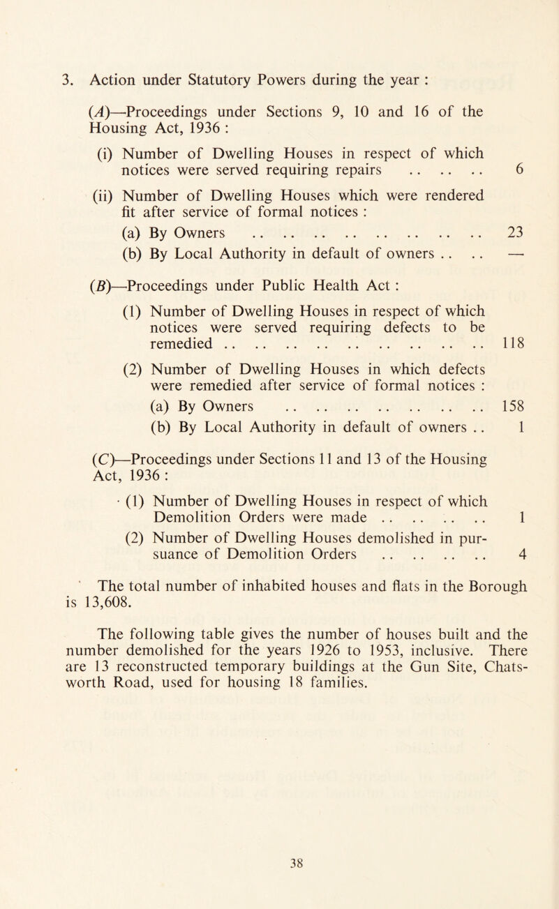 3. Action under Statutory Powers during the year : (A)—^Proceedings under Sections 9, 10 and 16 of the Housing Act, 1936 : (i) Number of Dwelling Houses in respect of which notices were served requiring repairs 6 (ii) Number of Dwelling Houses which were rendered fit after service of formal notices : (a) By Owners 23 (b) By Local Authority in default of owners .. .. —• (B)—’Proceedings under Public Health Act: (1) Number of Dwelling Houses in respect of which notices were served requiring defects to be remedied 118 (2) Number of Dwelling Houses in which defects were remedied after service of formal notices : (a) By Owners 158 (b) By Local Authority in default of owners .. 1 (C)—Proceedings under Sections 11 and 13 of the Housing Act, 1936 : • (1) Number of Dwelling Houses in respect of which Demolition Orders were made 1 (2) Number of Dwelling Houses demolished in pur- suance of Demolition Orders 4 The total number of inhabited houses and flats in the Borough is 13,608. The following table gives the number of houses built and the number demolished for the years 1926 to 1953, inclusive. There are 13 reconstructed temporary buildings at the Gun Site, Chats- worth Road, used for housing 18 families.