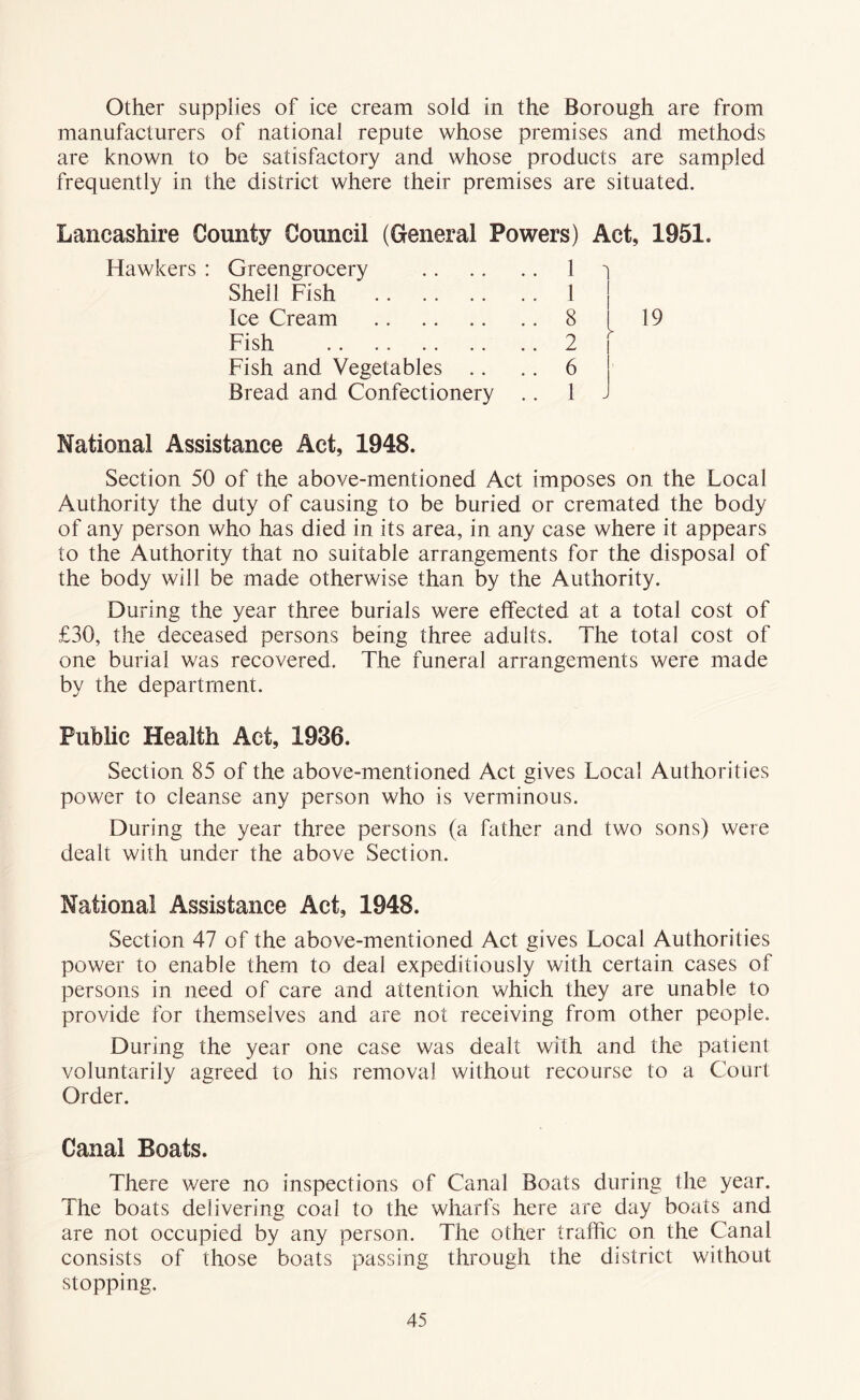 Other supplies of ice cream sold in the Borough are from manufacturers of national repute whose premises and methods are known to be satisfactory and whose products are sampled frequently in the district where their premises are situated. Lancashire County Council (General Powers) Act, 1951. Hawkers : Greengrocery Shell Fish Ice Cream Fish Fish and Vegetables .. Bread and Confectionery 1 1 1 8 2 6 1 J 19 National Assistance Act, 1948. Section 50 of the above-mentioned Act imposes on the Local Authority the duty of causing to be buried or cremated the body of any person who has died in its area, in any case where it appears to the Authority that no suitable arrangements for the disposal of the body will be made otherwise than by the Authority. During the year three burials were effected at a total cost of £30, the deceased persons being three adults. The total cost of one burial was recovered. The funeral arrangements were made by the department. Public Health Act, 1936. Section 85 of the above-mentioned Act gives Local Authorities power to cleanse any person who is verminous. During the year three persons (a father and two sons) were dealt with under the above Section. National Assistance Act, 1948. Section 47 of the above-mentioned Act gives Local Authorities power to enable them to deal expeditiously with certain cases of persons in need of care and attention which they are unable to provide for themselves and are not receiving from other people. During the year one case was dealt with and the patient voluntarily agreed to his removal without recourse to a Court Order. Canal Boats. There were no inspections of Canal Boats during the year. The boats delivering coal to the wharfs here are day boats and are not occupied by any person. The other traffic on the Canal consists of those boats passing through the district without stopping.