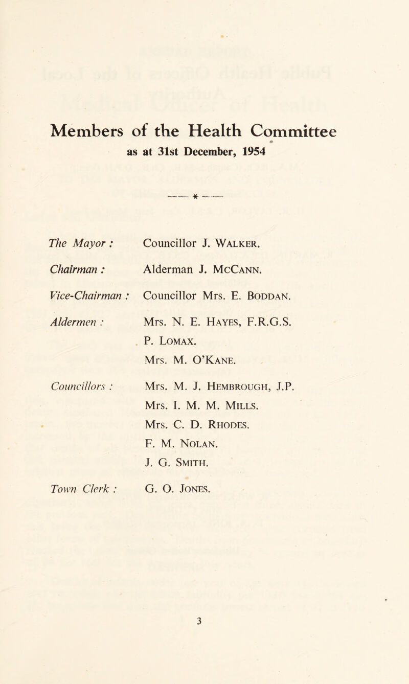 Members of the Health Committee 0 as at 31st December, 1954 —* —— The Mayor : Councillor J. Walker. Chairman: Alderman J. McCann. Vice-Chairman : Councillor Mrs. E. Boddan. Aldermen : Mrs. N. E. Hayes, F.R.G.S. P. Lomax. Mrs. M. O’Kane. Councillors : Mrs. M. J. Hembrough, J.P. Mrs. I. M. M. Mills. Mrs. C. D. Rhodes. F. M. Nolan. J. G. Smith. Town Clerk : G. 0. Jones.