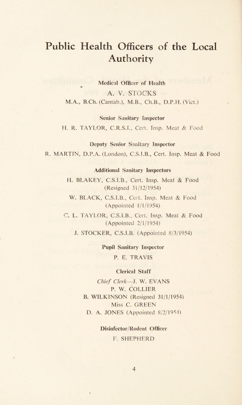 Public Health Officers of the Local Authority Medical Officer of Health % A. V. STOCKS M.A., B.Ch. (Cantab.), M.B., Ch.B., D.P.H. (Viet.) Senior Sanitary Inspector H. R. TAYLOR, C.R.S.L, Cert. Insp. Meat & Food Deputy Senior Sanitary Inspector R. MARTIN, D.P.A. (London), C.S.I.B., Cert. Insp. Meat & Food Additional Sanitary Inspectors M. BLAKEY, C.S.I.B,, Cert. Insp. Meat & Food (Resigned 31/12/1954) W. BLACK, C.S.I.B., Cert. Insp. Meat & Food (Appointed 1/1/1954) C. L. TAYLOR, C.S.I.B., Cert. Insp. Meat & Food (Appointed 2/1/1954) J. STOCKER, C.S.I.B. (Appointed 8/3/1954) Pupil Sanitary Inspector P. E. TRAVIS Clerical Staff Chief Clerk—W. EVANS P. W. COLLIER B. WILKINSON (Resigned 31/1/1954) Miss C. GREEN D. A. JONES (Appointed 8/2/1954) Disinfector/Rodent Officer F. SHEPHERD