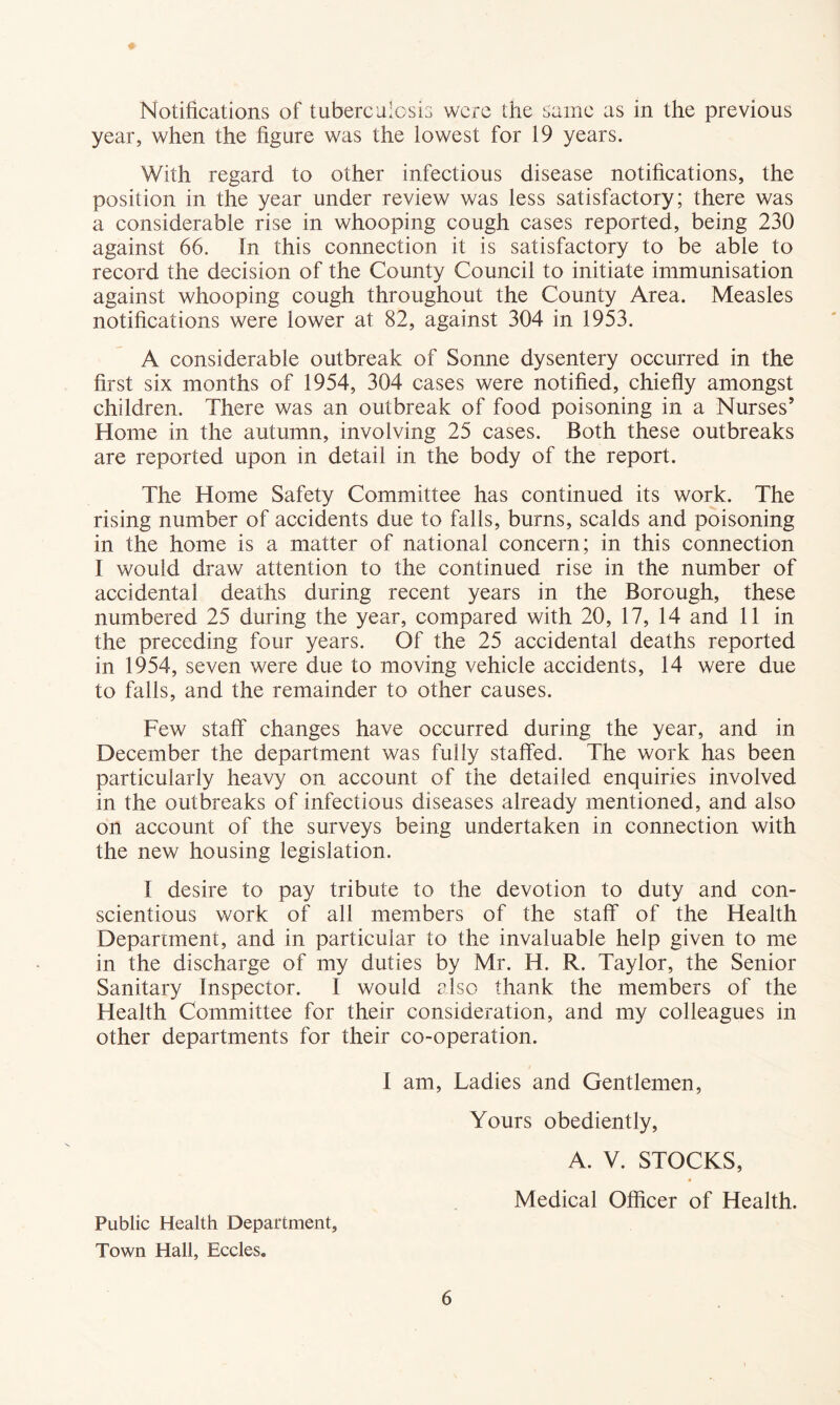 Notifications of tuberculosis were the same as in the previous year, when the figure was the lowest for 19 years. With regard to other infectious disease notifications, the position in the year under review was less satisfactory; there was a considerable rise in whooping cough cases reported, being 230 against 66. In this connection it is satisfactory to be able to record the decision of the County Council to initiate immunisation against whooping cough throughout the County Area. Measles notifications were lower at 82, against 304 in 1953. A considerable outbreak of Sonne dysentery occurred in the first six months of 1954, 304 cases were notified, chiefly amongst children. There was an outbreak of food poisoning in a Nurses’ Home in the autumn, involving 25 cases. Both these outbreaks are reported upon in detail in the body of the report. The Home Safety Committee has continued its work. The rising number of accidents due to falls, burns, scalds and poisoning in the home is a matter of national concern; in this connection I would draw attention to the continued rise in the number of accidental deaths during recent years in the Borough, these numbered 25 during the year, compared with 20, 17, 14 and 11 in the preceding four years. Of the 25 accidental deaths reported in 1954, seven were due to moving vehicle accidents, 14 were due to falls, and the remainder to other causes. Few staff changes have occurred during the year, and in December the department was fully staffed. The work has been particularly heavy on account of the detailed enquiries involved in the outbreaks of infectious diseases already mentioned, and also on account of the surveys being undertaken in connection with the new housing legislation. I desire to pay tribute to the devotion to duty and con- scientious work of all members of the staff of the Health Department, and in particular to the invaluable help given to me in the discharge of my duties by Mr. H. R. Taylor, the Senior Sanitary Inspector. I would also thank the members of the Health Committee for their consideration, and my colleagues in other departments for their co-operation. I am. Ladies and Gentlemen, Yours obediently, A. V. STOCKS, Medical Officer of Health. Public Health Department, Town Hall, Eccles.