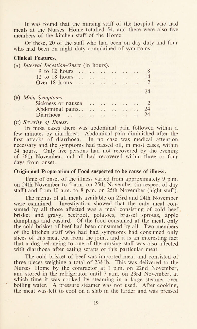 It was found that the nursing staff of the hospital who had meals at the Nurses Home totalled 54, and there were also five members of the kitchen staff of the Home. Of these, 20 of the staff who had been on day duty and four who had been on night duty complained of symptoms. Clinical Features. (a) Interval Ingestion-Onset (in hours). 9 to 12 hours 8 12 to 18 hours 14 Over 18 hours 2 24 (b) Main Symptoms. Sickness or nausea 2 Abdominal pains 24 Diarrhoea 24 (c) Severity of Illness. In most cases there was abdominal pain followed within a few minutes by diarrhoea. Abdominal pain diminished after the first attacks of diarrhoea. In no case was medical attention necessary and the symptoms had passed off, in most cases, within 24 hours. Only five persons had not recovered by the evening of 26th November, and all had recovered within three or four days from onset. Origin and Preparation of Food suspected to be cause of illness. Time of onset of the illness varied from approximately 9 p.m. on 24th November to 5 a.m. on 25th November (in respect of day staff) and from 10 a.m. to 8 p.m. on 25th November (night staff). The menus of all meals available on 23rd and 24th November were examined. Investigation showed that the only meal con- sumed by all those affected was a meal consisting of cold beef brisket and gravy, beetroot, potatoes, brussel sprouts, apple dumplings and custard. Of the food consumed at the meal, only the cold brisket of beef had been consumed by all. Two members of the kitchen staff who had had symptoms had consumed only slices of this meat cut from the joint, and it is an interesting fact that a dog belonging to one of the nursing staff was also affected with diarrhoea after eating scraps of this particular meat. The cold brisket of beef was imported meat and consisted of three pieces weighing a total of 23J lb. This was delivered to the Nurses Home by the contractor at 1 p.m. on 22nd November, and stored in the refrigerator until 7 a.m. on 23rd November, at which time it was cooked by steaming in a large steamer over boiling water. A pressure steamer was not used. After cooking, the meat was left to cool on a slab in the larder and was pressed