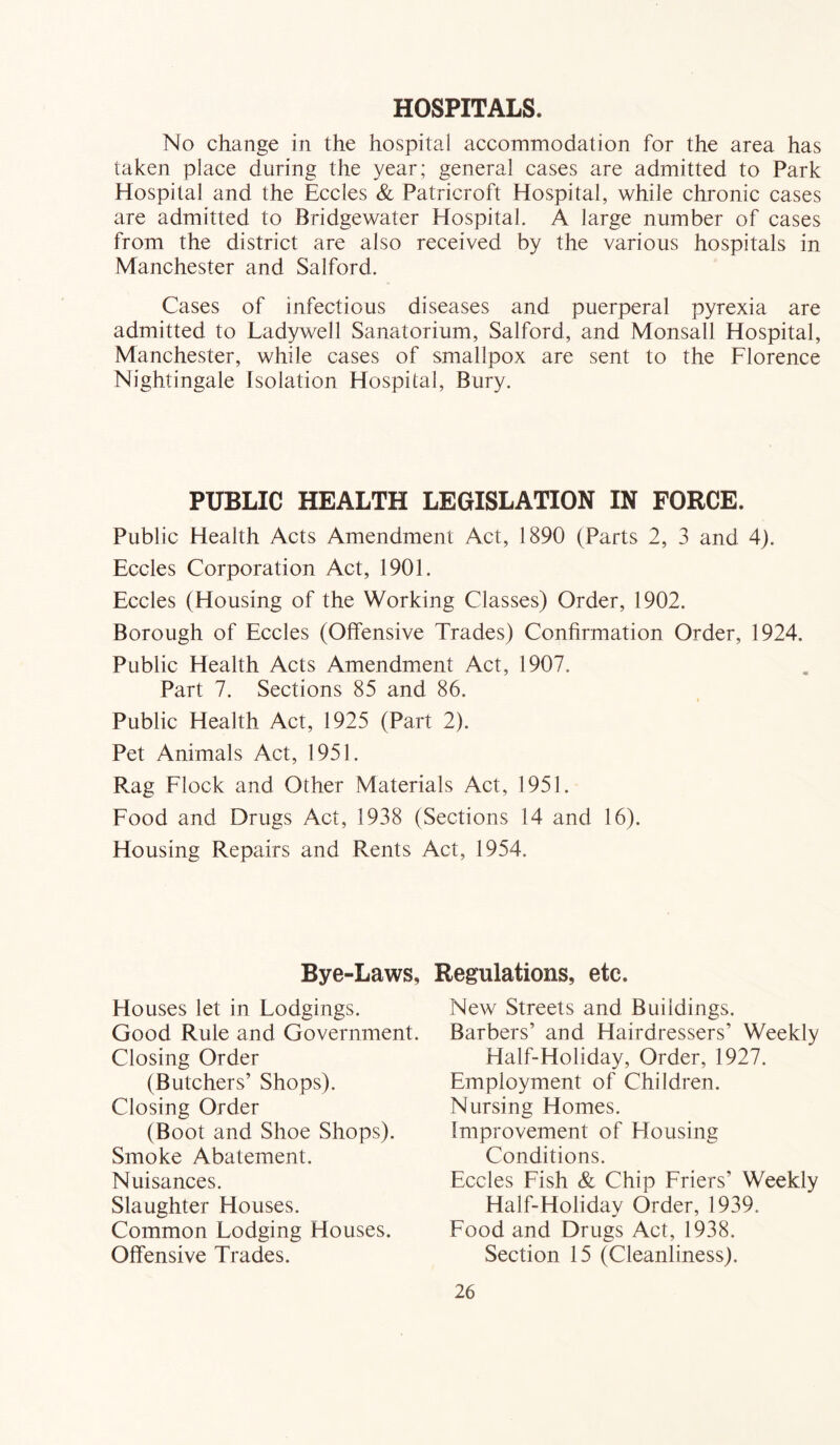 HOSPITALS. No change in the hospital accommodation for the area has taken place during the year; general cases are admitted to Park Hospital and the Eccles & Patricroft Hospital, while chronic cases are admitted to Bridgewater Hospital. A large number of cases from the district are also received by the various hospitals in Manchester and Salford. Cases of infectious diseases and puerperal pyrexia are admitted to Ladywell Sanatorium, Salford, and Monsall Hospital, Manchester, while cases of smallpox are sent to the Florence Nightingale Isolation Hospital, Bury. PUBLIC HEALTH LEGISLATION IN FORCE. Public Health Acts Amendment Act, 1890 (Parts 2, 3 and 4). Eccles Corporation Act, 1901. Eccles (Housing of the Working Classes) Order, 1902. Borough of Eccles (Offensive Trades) Confirmation Order, 1924. Public Health Acts Amendment Act, 1907. Part 7. Sections 85 and 86. Public Health Act, 1925 (Part 2). Pet Animals Act, 1951. Rag Flock and Other Materials Act, 1951. Food and Drugs Act, 1938 (Sections 14 and 16). Housing Repairs and Rents Act, 1954. Regulations, etc. Bye-Laws, Houses let in Lodgings. Good Rule and Government. Closing Order (Butchers’ Shops). Closing Order (Boot and Shoe Shops). Smoke Abatement. Nuisances. Slaughter Houses. Common Lodging Houses. Offensive Trades. New Streets and Buildings. Barbers’ and Hairdressers’ Weekly Half-Holiday, Order, 1927. Employment of Children. Nursing Homes. Improvement of Housing Conditions. Eccles Fish & Chip Friers’ Weekly Half-Holiday Order, 1939. Food and Drugs Act, 1938. Section 15 (Cleanliness).