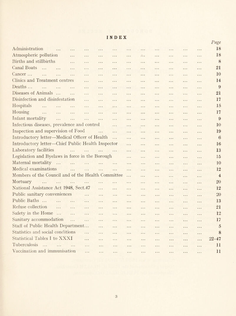 INDEX Page Administration ... ... ... ... ... ... ... ... ... ... ... 18 Atmospheric pollution ... ... ... ... ... . ... ... ... ... 18 Births and stillbirths ... ... ... ... ... ... ... ... ... ... 8 Canal Boats ... ... ... ... ... ... ... ... ... ... ... ... 21 Cancer ... ... ... ... ... ... ... ... ... ... ... ... ... 10 Clinics and Treatment centres ... ... ... ... ... ... ... ... ... 14 Deaths ... ... ... ... ... ... ... ... ... ... ... ... ... 9 Diseases of Animals ... ... ... ... ... ... ... ... ... ... ... 21 Disinfection and disinfestation ... ... ... ... ... ... ... ... ... 17 Hospitals ... ... ... ... ... ... ... ... ... ... ... ... 15 Housing ... ... ... ... ... ... ... ... ... ... ... ... 17 Infant mortality ... ... ... ... ... ... ... ... ... ... ... 9 Infectious diseases, prevalence and control ... ... ... ... ... ... ... 10 Inspection and supervision of Food ... ... ... ... ... ... ... ... 19 Introductory letter—Medical Officer of Health ... ... ... ... ... ... ... 6 Introductory letter—Chief Public Health Inspector ... ... ... ... ... ... 16 Laboratory facilities ... ... ... ... ... ... ... ... ... ... 13 Legislation and Byelaws in force in the Borough ... ... ... ... ... ... 15 Maternal mortality ... ... ... ... ... ... ... ... ... ... ... 10 Medical examinations ... ... ... ... ... ... ... ... ... ... 12 Members of the Council and of the Health Committee ... ... ... ... ... ... 4 Mortuary ... ... ... ... ... ... ... ... ... ... ... ... 20 National Assistance Act 1948, Sect.47 ... ... ... ... ... ... ... ... 12 Public sanitary conveniences ... ... ... ... ... ... ... ... ... 20 Public Baths ... ... ... ... ... ... ... ... ... ... ... ... 13 Refuse collection ... ... ... ... ... ... ... ... ... ... ... 21 Safety in the Home ... ... ... ... ... ... ... ... ... ... ... 12 Sanitary accommodation ... ... ... ... ... ... ... ... ... ... 17 Staff of Public Health Department... ... ... ... ... ... ... ... ... 5 Statistics and social conditions ... ... ... ... ... ... ... ... ... 8 Statistical Tables I to XXXI ... ... ... ... ... ... ... ... ... 22-47 Tuberculosis ... ... ... ... ... ... ... ... ... ... ... ... 11 Vaccination and immunisation ... ... ... ... ... ... ... ... ... 11