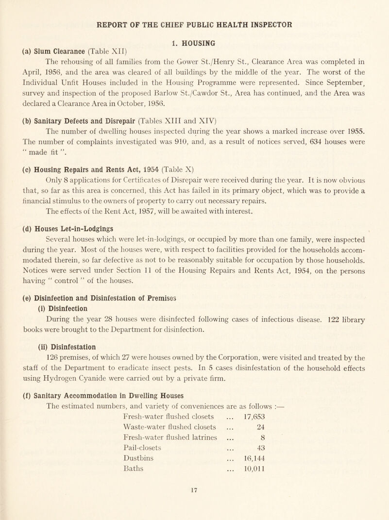 1. HOUSING (a) Slum Clearance (Table XII) The rehousing of all families from the Gower St./Henry St., Clearance Area was completed in April, 1956, and the area was cleared of all buildings by the middle of the year. The worst of the Individual Unht Houses included in the Housing Programme were represented. Since September, survey and inspection of the proposed Barlow St./Cawdor St., Area has continued, and the Area was declared a Clearance Area in October, 1956. (b) Sanitary Defects and Disrepair (Tables XIII and XIV) The number of dwelling houses inspected during the year shows a marked increase over 1955. The number of complaints investigated was 910, and, as a result of notices served, 634 houses were ‘‘ made fit 'S (e) Housing Repairs and Rents Act, 1954 (Table X) Only 8 applications for Certihcedes of Disrepair were received during the year. It is now obvious that, so far as this area is concerned, this Act has failed in its primary object, which was to provide a financial stimulus to the owners of property to carry out necessary repairs. The effects of the Rent Act, 1957, will be awaited with interest. (d) Houses Let-in-Lodgings Several houses which were let-in-lodgings, or occupied by more than one family, were inspected during the year. Most of the houses were, with respect to facilities provided for the households accom- modated therein, so far defective as not to be reasonably suitable for occupation by those households. Notices were served under Section 11 of the Housing Repairs and Rents Act, 1954, on the persons having controlof the houses. (e) Disinfection and Disinfestation of Premises (i) Disinfection During the year 28 houses were disinfected following cases of infectious disease. 122 library books were brought to the Department for disinfection. (ii) Disinfestation 126 premises, of which 27 were houses owned by the Corporation, were visited and treated by the staff of the Department to eradicate insect pests. In 5 cases disinfestation of the household effects using Hydrogen Cyanide were carried out by a private firm. (f) Sanitary Accommodation in Dwelling Houses The estimated numbers, and variety of conveniences are as follows :— Fresh-water flushed closets 17,653 Waste-water flushed closets 24 Fresh-water flushed latrines 8 Pail-closets 43 Dustbins 16,144 Baths 10,011