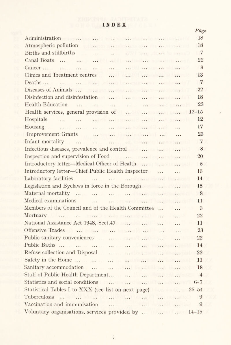 INDEX Administration Atmospheric pollution Births and stillbirths Canal Boats Cancer * * * ««« .. « •»• ... ... • • • • • • Clinics and Treatment centres booths ..» .«. ■ *« »»» .«. ... ... ... Diseases of Animals ... Disinfection and disinfestation Health Education Health services, general provision of Hospitals ... ... ... ... ... ... ... Housing Improvement Grants Infant mortality Infectious diseases, prevalence and control Inspection and supervision of Food Introductory letter—Medical Officer of Health ... Introductory letter—Chief Public Health Inspector Laboratory facilities Legislation and Byelaws in force in the Borough Maternal mortality ... Medical examinations Members of the Council and of the Health Committee ... Mortuary National Assistance Act 1948, Sect.47 Offensive Trades Public sanitary conveniences Public Baths ... Refuse collection and Disposal Safety in the Home ... Sanitary accommodation Staff of Public Health Department... Statistics and social conditions Statistical Tables I to XXX (see list on next page) Tuberculosis ... Vaccination and immunisation Voluntary organisations, services provided by ... Page 18 18 7 22 8 13 7 22 18 23 12-15 12 17 23 7 8 20 5 16 14 15 8 11 3 22 11 23 22 14 23 11 18 4 6-7 25-54 9 9 14-15