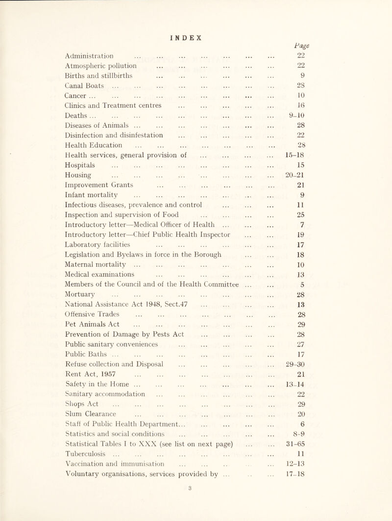 INDEX Page Administration ... ... ... ... ... ... ... 22 Atmospheric pollution ... ... ... ... ... ... 22 Births and stillbirths ... ... ... ... ... ... 9 Canal Boats ... ... ... ... ... ... ... ... 28 Cancer ... ... ... ... ... ... ... ... ... 10 Clinics and Treatment centres ... ... ... ... ... 16 Deaths ... ... ... ... ... ... ... ... ... 9-10 Diseases of Animals ... ... ... ... ... ... ... 28 Disinfection and disinfestation ... ... ... ... ... 22 Health Education ... ... ... ... ... ... ... 28 Health services, general provision of ... ... ... ... 15-18 Hospitals ... ... ... ... ... ... ... ... 15 Housing ... ... ... ... ... ... ... ... 20-21 Improvement Grants ... ... ... ... ... ... 21 Infant mortality ... ... ... ... ... ... ... 9 Infectious diseases, prevalence and control ... ... ... 11 Inspection and supervision of Food ... ... ... ... 25 Introductory letter—Medical Officer of Health ... ... ... 7 Introductory letter—Chief Public Health Inspector ... ... 19 Laboratory facilities ... ... ... ... ... ... 17 Legislation and Byelaws in force in the Borough ... ... 18 Maternal mortality ... ... ... ... ... ... ... 10 Medical examinations ... ... ... ... ... ... 13 Members of the Council and of the Health Committee ... ... 5 Mortuary ... ... ... ... ... ... ... ... 28 National Assistance Act 1948, Sect.47 ... ... ... ... 13 Offensive Trades ... ... ... ... ... ... ... 28 Pet Animals Act ... ... ... ... ... ... ... 29 Prevention of Damage by Pests Act ... ... ... ... 28 Public sanitary conveniences ... ... ... ... ... 27 Public Baths ... ... ... ... ... ... ... ... 17 Refuse collection and Disposal ... ... ... ... ... 29-30 Rent Act, 1957 ... ... ... ... ... ... ... 21 Safety in the Home ... ... ... ... ... ... ... 13-14 Sanitary accommodation ... ... ... ... ... ... 22 Shops Act ... ... ... ... ... ... 29 Slum Clearance ... ... ... ... ... ... ... 20 Staff of Public Health Department... ... ... ... ... 6 Statistics and social conditions ... ... ... ... ... 8-9 Statistical Tables I to XXX (see list on next page) ... ... 31-65 Tuberculosis ... ... ... ... ... ... ... ... 11 Vaccination and immunisation ... ... .. ... 12-13 Voluntary organisations, services provided by ... .. ... 17-18