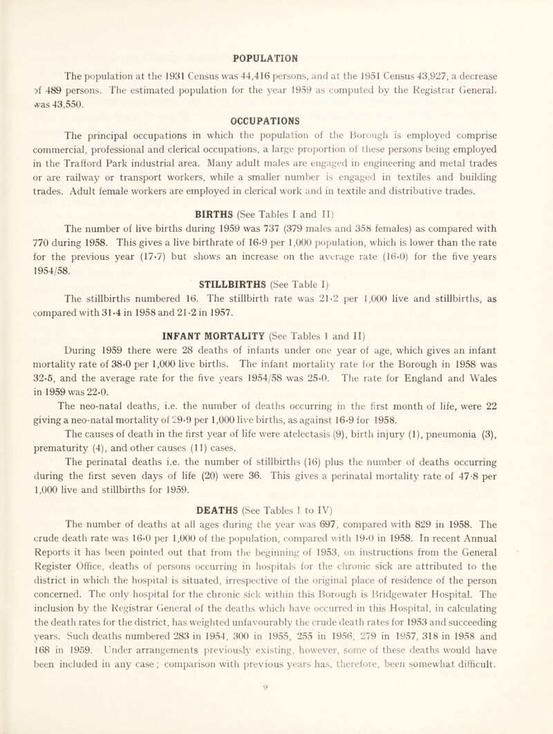 POPULATION The population at the 1931 Census was 44,416 persons, and at the 1951 Census 43,927, a decrease of 489 persons. The estimated population for the year 1959 as computed by the Registrar General, vvas 43,550. OCCUPATIONS The principal occupations in which the population of the Borough is employed comprise commercial, professional and clerical occupations, a large proportion of these persons being employed in the Trafford Park industrial area. Many adult males are engaged in engineering and metal trades or are railway or transport workers, while a smaller number is engaged in textiles and building trades. Adult female workers are employed in clerical work and in textile and distributive trades. BIRTHS (See Tables I and II) The number of live births during 1959 was 737 (379 males and 358 females) as compared with 770 during 1958. This gives a live birthrate of 16‘9 per 1,000 population, which is lower than the rate for the previous year (17-7) but shows an increase on the average rate (16-0) for the five years 1954/58. STILLBIRTHS (See Table I) The stillbirths numbered 16. The stillbirth rate was 21-2 per 1,000 live and stillbirths, as compared with 31 *4 in 1958 and 21 -2 in 1957. INFANT MORTALITY (See Tables 1 and II) During 1959 there were 28 deaths of infants under one year of age, which gives an infant mortality rate of 38«0 per 1,000 live births. The infant mortality rate for the Borough in 1958 was 32‘5, and the average rate for the five years 1954/58 was 25*0. The rate for England and Wales in 1959 was 22*0. The neo-natal deaths, i.e. the number of deaths occurring in the first month of life, were 22 giving a neo-natal mortality of 29-9 per 1,000 live births, as against 16*9 for 1958. The causes of death in the first year of life were atelectasis (9), birth injury (1), pneumonia (3), prematurity (4), and other causes (11) cases. The perinatal deaths i.e. the number of stillbirths (16) plus the number of deaths occurring during the first seven days of life (20) were 36. This gives a perinatal mortality rate of 47*8 per 1,000 live and stillbirths for 1959. DEATHS (See Tables I to IV) The number of deaths at all ages during the year was 697, compared with 829 in 1958. The crude death rate was 16-0 per 1,000 of the population, compared with 194) in 1958. In recent Annual Reports it has been pointed out that from the beginning of 1953, on instructions from the General Register Office, deaths of persons occurring in hospitals for the chronic sick are attributed to the district in which the hospital is situated, irrespective of the original place of residence of the person concerned. The only hospital for the chronic sick within this Borough is Bridgewater Hospital. The inclusion by the Registrar General of the deaths which have occurred in this Hospital, in calculating the death rates for the district, has weighted unfavourably the crude death rates for 1953 and succeeding years. Such deaths numbered 283 in 1954, 300 in 1955, 255 in 1956, 279 in 1957, 318 in 1958 and 168 in 1959. Under arrangements previously existing, however, some of these deaths would have been included in any case ; comparison with previous years has, therefore, been somewhat difficult.