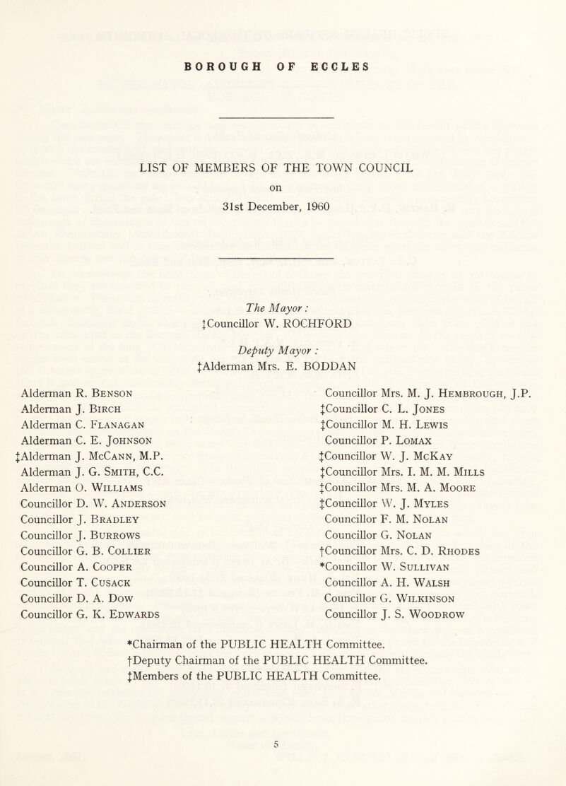 LIST OF MEMBERS OF THE TOWN COUNCIL on 31st December, 1960 The Mayor: : Councillor W. ROCKFORD Alderman R. Benson Alderman J. Birch Alderman C. Flanagan Alderman C. E. Johnson |Alderman J. McCann, M.P. Alderman J. G. Smith, C.C. Alderman O. Williams Councillor D. W. Anderson Councillor J. Bradley Councillor J. Burrows Councillor G. B. Collier Councillor A. Cooper Councillor T. Cusack Councillor D. A. Dow Councillor G. K. Edwards Deputy Mayor : ^Alderman Mrs. E. BODDAN Councillor Mrs. M. J. Hembrough, J.P. ^Councillor C. L. Jones ICouncillor M. H. Lewis Councillor P. Lomax :|;Councillor W. J. McKay ^Councillor Mrs. 1. M. M. Mills J Councillor Mrs. M. A. Moore {Councillor W. J. Myles Councillor F. M. Nolan Councillor G. Nolan {Councillor Mrs. C. D. Rhodes ♦Councillor W. Sullivan Councillor A. H. Walsh Councillor G. Wilkinson Councillor J. S. Woodrow ♦Chairman of the PUBLIC HEALTH Committee. {Deputy Chairman of the PUBLIC HEALTH Committee. {Members of the PUBLIC HEALTH Committee.