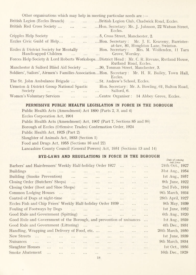Other organisations which may help in meeting particular needs are :— British Legion (Eccles Branch) British Red Cross Society ... Cripples Help Society Eccles Civic Guild of Help... Eccles & District Society for Mentally Handicapped Children ...British Legion Club, Chadwick Road, Eccles. ...Hon. Secretary: Mr. J. Johnson, 22 Watson Street, Eccles. ...5, Cross Street, Manchester, 2. Hon. Secretary : Mr. J. E. Keaveny, Barrister- at-law, 81, Houghton Lane, Swinton. Hon. Secretary; Mrs. M. Wolfenden, 11 Tarn Grove, Worsley. Forces Help Society & Lord Roberts Workshops...District Head : Mr. C. R. Revans, Rutland House, Rutland Road, Eccles. Manchester & Salford Blind Aid Society 30, Tonman Street, Manchester, 3. Soldiers’, Sailors’, Airmen’s Families Association... Hon. Secretary: Mr. H. R. Bailey, Town Hall, Eccles. The St. John Ambulance Brigade ... ... ...St. Andrew’s School, Eccles. Urmston & District Group National Spastic Hon. Secretary: Mr. A. Bowling, 61, Bolton Road, Society ... ... ... ... ... Salford, 6. Women’s Voluntary Services ... ... ...Centre Organiser: 14 Abbey Grove, Eccles. PERMISSIVE PUBLIC HEALTH LEGISLATION IN FORCE IN THE BOROUGH Public Health Acts (Amendment) Act 1890 (Parts 2, 3, and 4) Eccles Corporation Act, 1901 Public Health Acts (Amendment) Act, 1907 (Part 7, Sections 85 and 86) Borough of Eccles (Offensive Trades) Confirmation Order, 1924 Public Llealth Act, 1925 (Part 2) Slaughter of Animals Act, 1933 (Section 1) Food and Drugs Act, 1955 (Sections 16 and 22) Lancashire County Council (General Powers) Act, 1951 (Sections 13 and 14) BYE-LAWS AND REGULATIONS IN FORCE IN THE BOROUGH Barbers’ and Hairdressers’ Weekly Llalf-holiday Order 1927 Date of coming into force 24th Oct., 1927 Buildings 31st Aug., 1954 Building (Smoke Prevention) 1st Aug., 1957 Closing Order (Butchers’ Shops) 9th June, 1922 Closing Order (Boot and Shoe Shops) 2nd Feb., 1916 Common Lodging Houses 9th March, 1934 Control of Dogs at night-time 28th April, 1927 Eccles Fish and Chip Friers’ Weekly Half-holiday Order 1939 ... 9th May, 1939 Fouling of Footways by Dogs 1st June, 1952 Good Rule and Government (Spitting) 6th Aug., 1920 Good Rule and Government of the Borough, and prevention of nuisances ... 1st Aug., 1959 Good Rule and Government (Littering) 4th Dec., 1931 Handling, Wrapping and Delivery of Food, etc. ... 26th March, 1950 New Streets 1st June, 1939 Nuisances 9th March, 1934 Slaughter Houses 1st Oct., 1956 Smoke Abatement 16th Dec., 1929