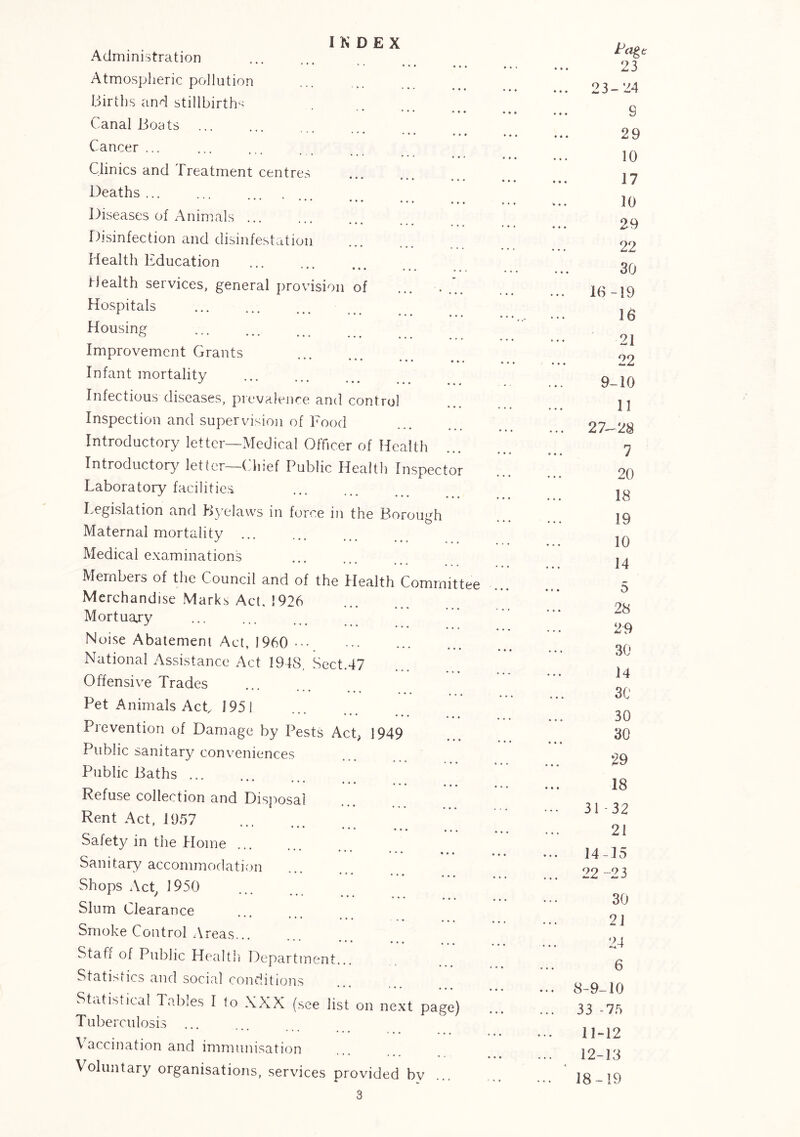INDEX Administration ** ** ••• Atmospheric pollution liirths and stillbirth'^ * * • » • • • • Canal Boats ... ••• ••• Cancer ... Clinics and Treatment centres Deaths ... ■ ■ ■ • *• • • • • • • ... Diseases of Animals ... Disinfection and disinfestation Health Education ••• Health services, general provision of ... .... Hospitals Housing Improvement Grants Infant mortality Infectious diseases, prevalence and control Inspection and supervision of Food Introductory letter—Medical Officer of Health Introductory letter—Chief Public Health Inspector Laboratory facilitieis Legislation and B\x*laws in force in the Borough Maternal mortality Medical examinations Members of tiie Council and of the Health Committee Merchandise Marks Act. 1926 Mortuajy Noise Abatement Act, 1960 Natiomal Assistance Act 1948, Sect.47 Offensive Trades Pet Animals Act 1951 Prevention of Damage by Pests Act 1949 Public sanitary conveniences Public Baths Refuse collection and Disposal Rent Act, 1957 ••• • • • • • • • • Safety in the Home ... *** ••• Sanitary accommodation Shops Act 1950 ' ' * ••• ••• ••• Slum Clearance Smoke Control Areas... *** ••• Staff of Public Healtli Department... Statistics and social conditions Statistical Tables I to XXX (see list on next page) Tuberculosis ... Vaccination and immunisation Voluntary organisations, services provided by 3 ya^t 23 . 23-24 9 29 10 17 10 29 22 30 16-19 16 21 22 9-10 11 27^28 7 20 18 19 10 14 5 28 29 30 14 30 30 30 29 18 31 -32 21 14-15 22-23 30 21 24 6 8-9-10 33 -75 11-12 12-13 < 18-19
