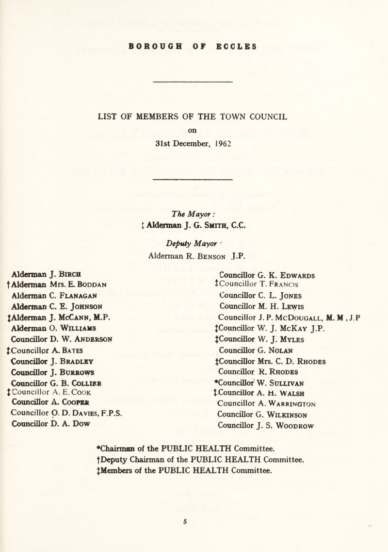 LIST OF MEMBERS OF THE TOWN COUNCIL on 31st December, 1962 The Mayor: I Alderman J. G. Smith, C.C. Deputy Mayor ’ Alderman R, Benson J.P. Alderman J. Birch t Alderman Mrs. £, Boddan Alderman C. Flanagan Alderman C. E. Johnson lAlderman J. McCann, M.P. Alderman O. Williams Coundllof D. W. Anderson tCouncillpr A. Bates Councillor J. Bradley Councillor J. Burrow Councillor G. B. Collier X Councillor A. E. Cook Councillor A. Cooper Councillor O. D. Davies, F.P.S. Councillor D. A. Dow Councillor G. K. Edwards ICouncillor T. Francis CounciUor C. L. Jones Councillor M. H. Levvis Councillor J. P. McDougall, M. M , J.P JCouncillor W. J. McKay J.P. JCouncillor W. J. Myles Councillor G. Nolan ^Councillor Mrs. C. D. Rhodes Councillor R. Rhodes ♦Councillor W. Sullivan t Councillor A. H. Walsh Councillor A. Warrington Councillor G. Wilkinson Councillor J. S. Woodrow ♦Chairman of the PUBLIC HEALTH Committee. tDeputy Chairman of the PUBLIC HEALTH Committee. IMembers of the PUBLIC HEALTH Committee.