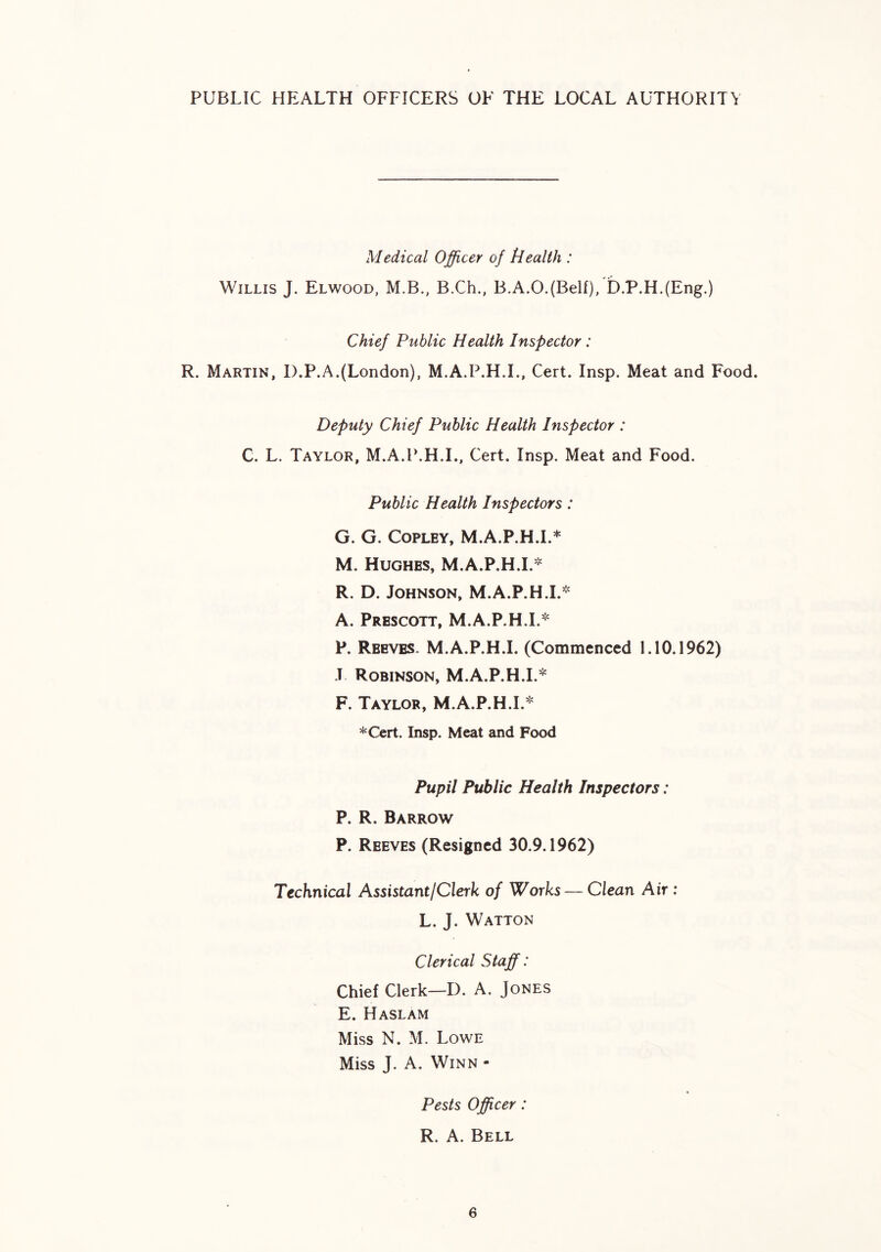 PUBLIC HEALTH OFFICERS OF THE LOCAL AUTHORITY Medical Officer of Health : Willis J. Elwood, M.B., B.Ch., B.A.O.(Belf), b.P.H.(Eng.) Chief Public Health Inspector : R. Martin, D.P.A.(London), M.A.P.H.L, Cert. Insp. Meat and Food. Deputy Chief Public Health Inspector : C. L. Taylor, M.A.P.H.L, Cert. Insp. Meat and Food. Public Health Inspectors: G. G. Copley, M.A.P.H.L* M. Hughes, M.A.P.H.L* R. D. Johnson, M.A.P.H.L* A. Prescott, M.A.P.H.L* P. Reeves. M.A.P.H.L (Commenced 1.10.1962) -T Robinson, M.A.P.H.L* F. Taylor, M.A.P.H.L* =^Cert. Insp. Meat and Food Pupil Public Health Inspectors: P. R. Barrow P. Reeves (Resigned 30.9.1962) Technical Assistant/Clerk of Works — Clean Air : L. J. Watton Clerical Staff: Chief Clerk—D. A. Jones E. Haslam Miss N. M. Lowe Miss J. A. Winn - Pests Officer: R. A. Bell